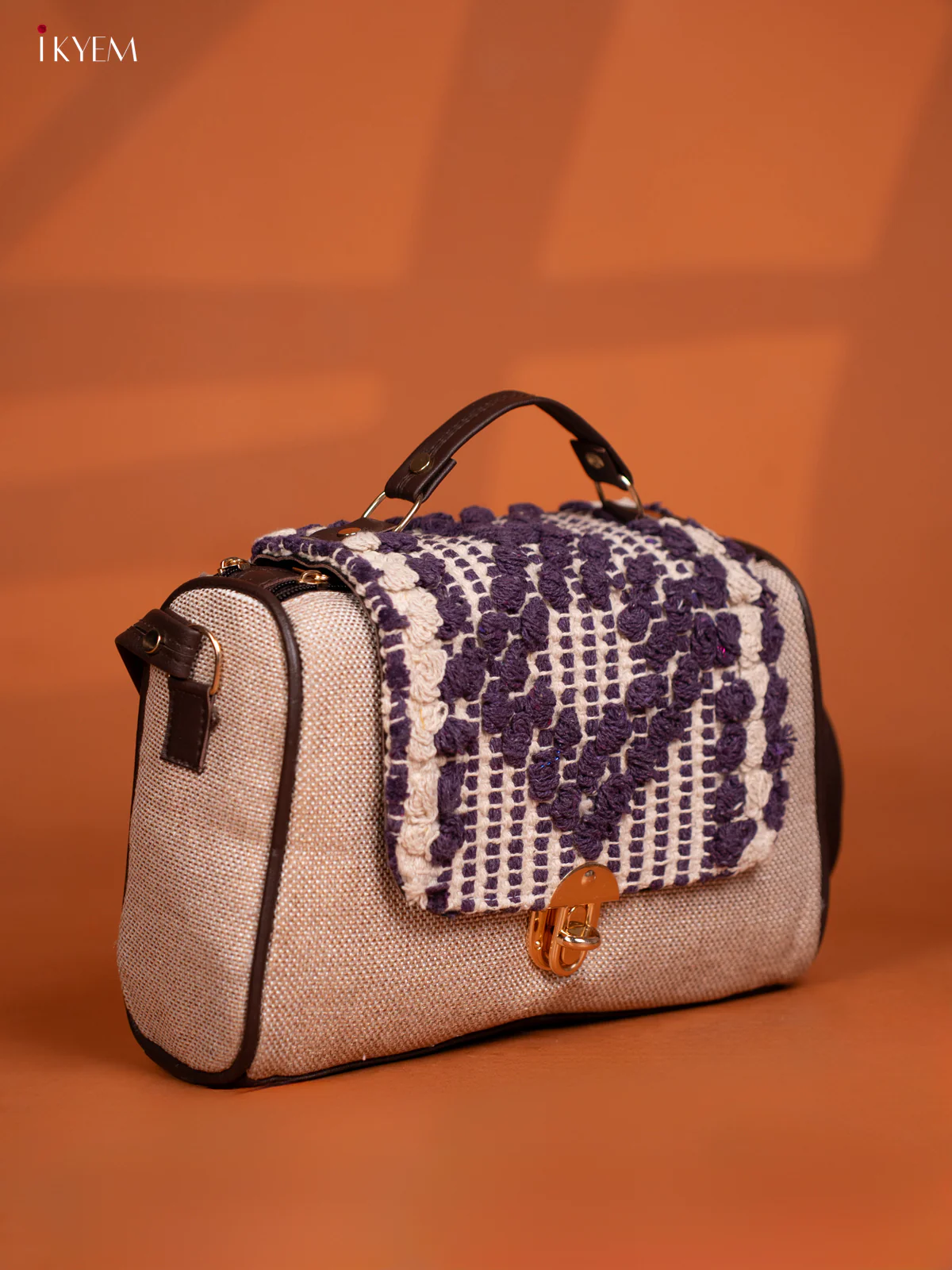 Jacquard Embroidered Gusset & Flap Leather Sling Bag with 3 Compartments - Sandal with Purple - Image 2