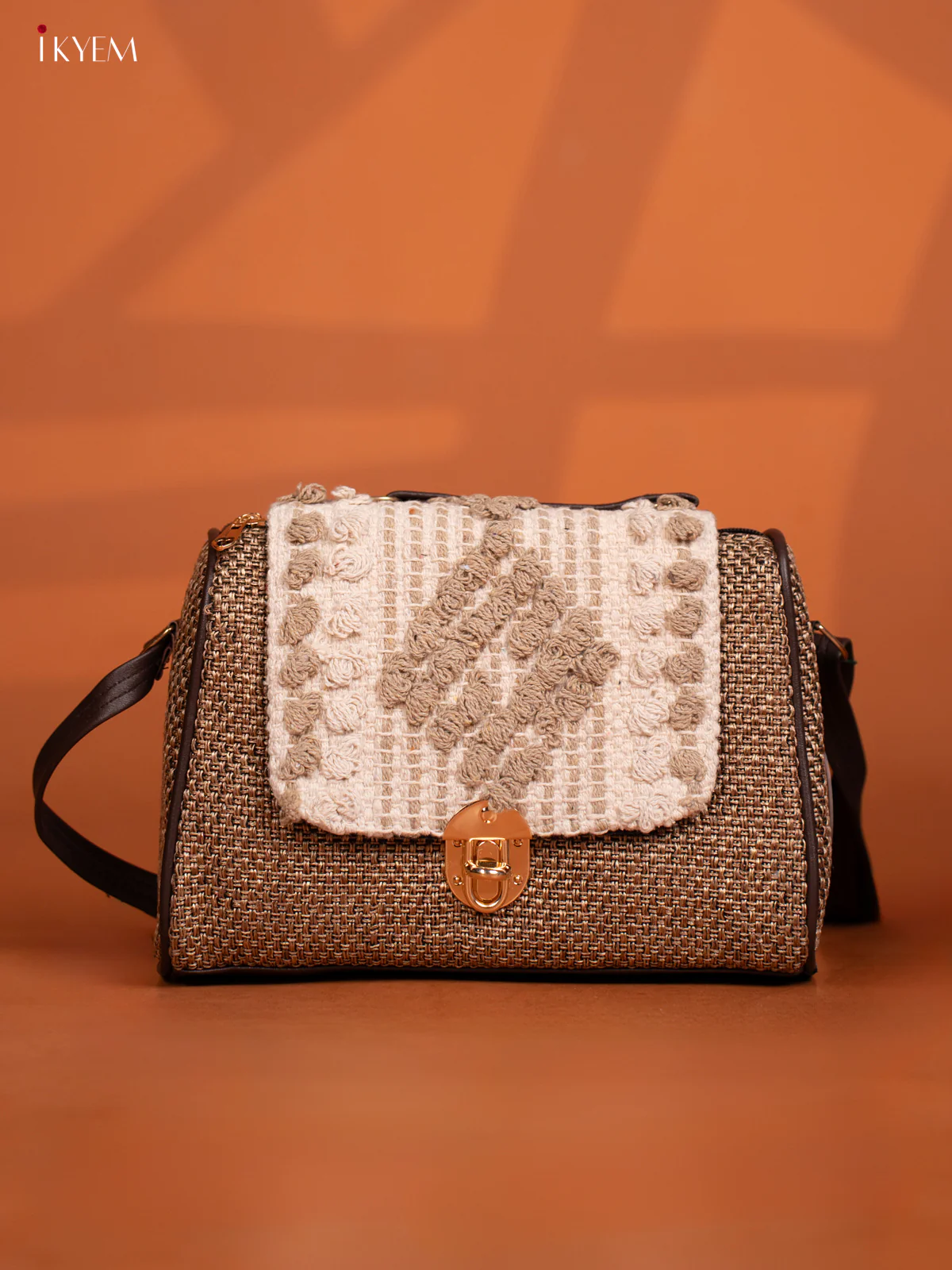 Jacquard Embroidered Gusset & Flap Leather Sling Bag with 3 Compartments - Sandal with White - Image 2