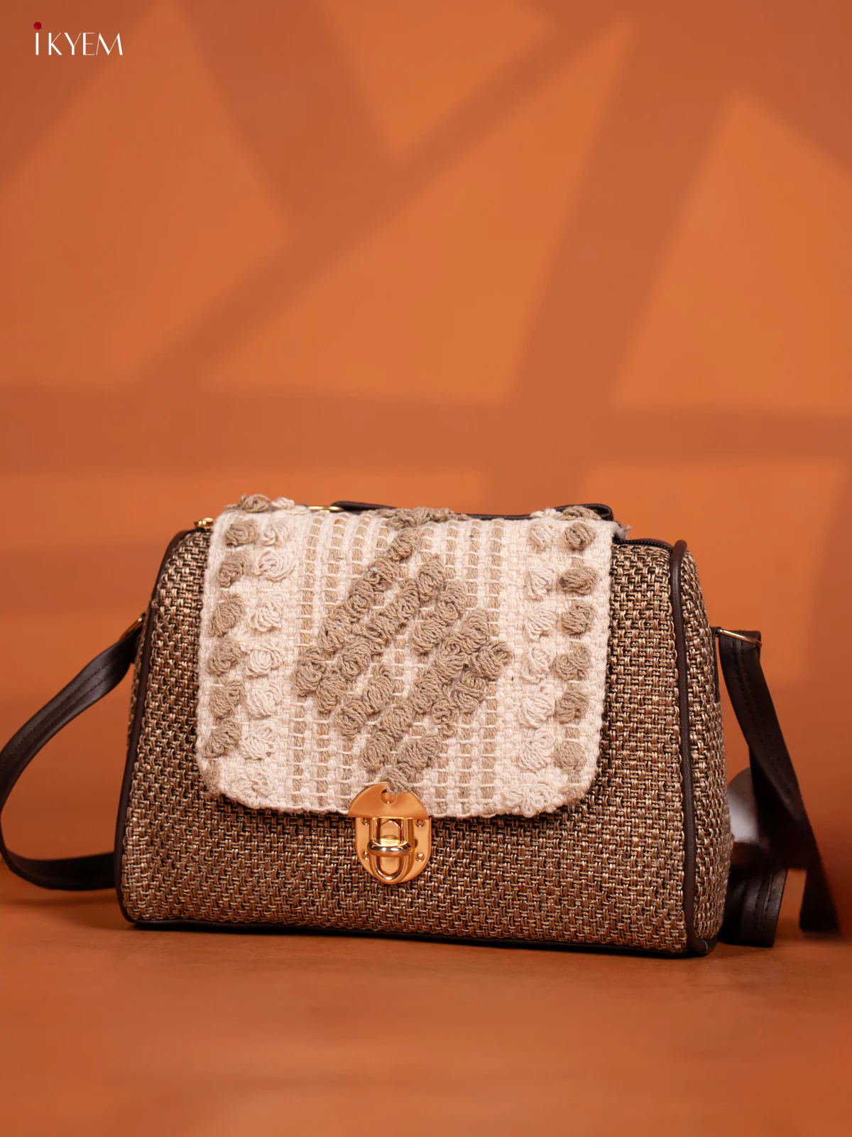 Jacquard Embroidered Gusset & Flap Leather Sling Bag with 3 Compartments - Sandal with White - Image 4