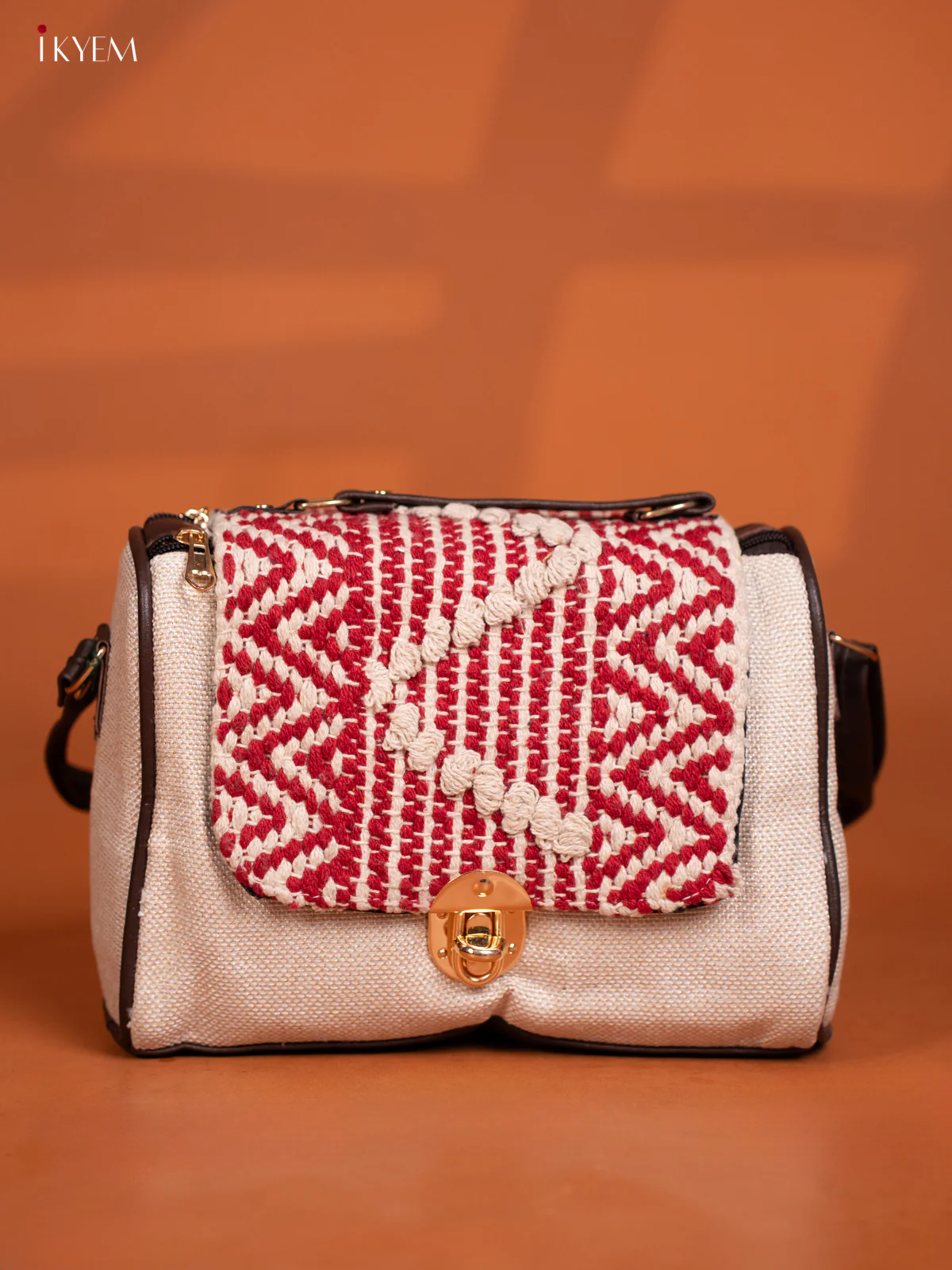 Jacquard Embroidered Gusset & Flap Leather Sling Bag with 3 Compartments - Cream with Red