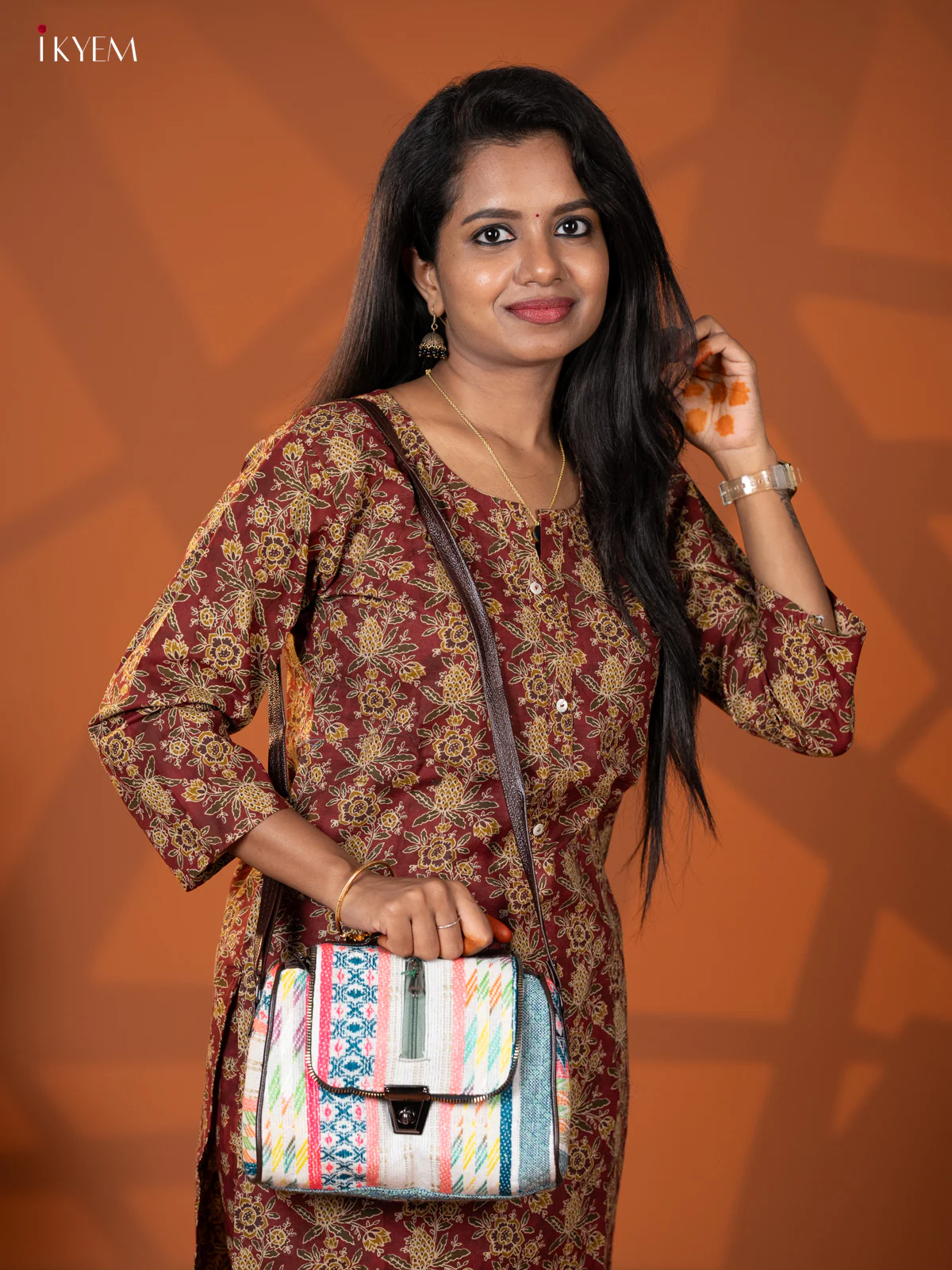 Jacquard Leather Sling Bag with 4 Compartments - Multi Colour - KD26600