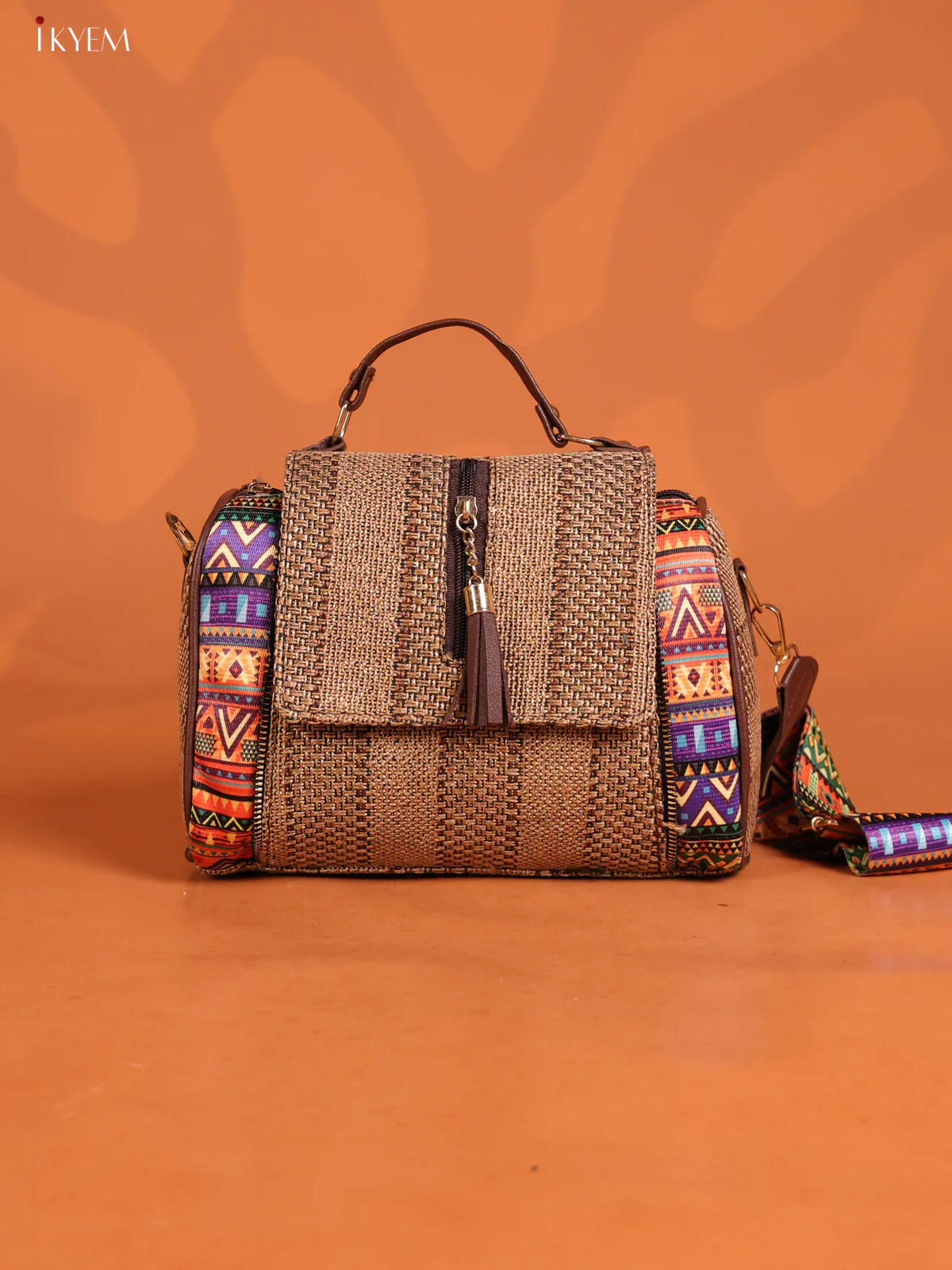 Jacquard Geometric Patten & Printed Leather sling Bag with 3 Compartments - Coffee Brown -KD26613