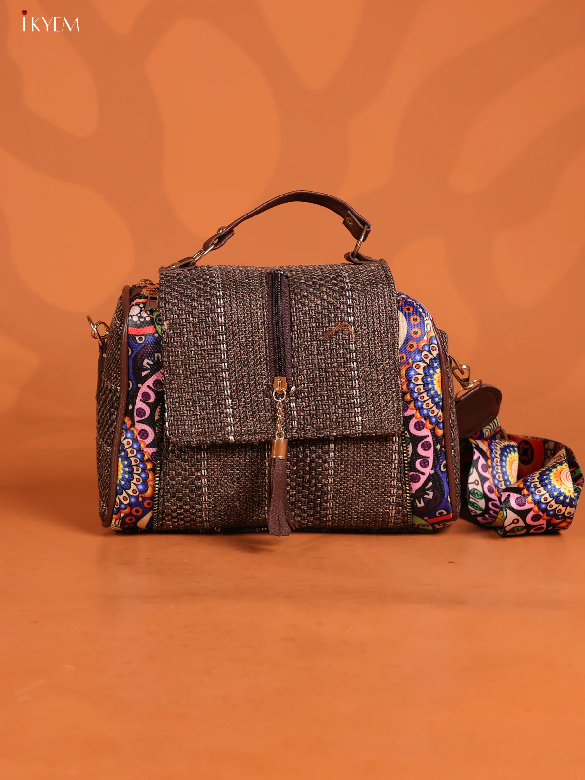 Jacquard Printed sling Bag with 3 Compartments - Brown with Blue - KD26617
