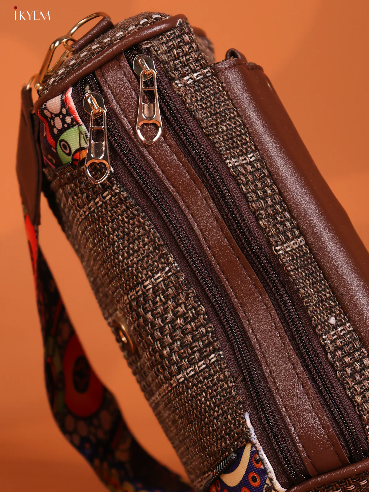 Jacquard Printed sling Bag with 3 Compartments - Brown with Blue - KD26617 - Image 3