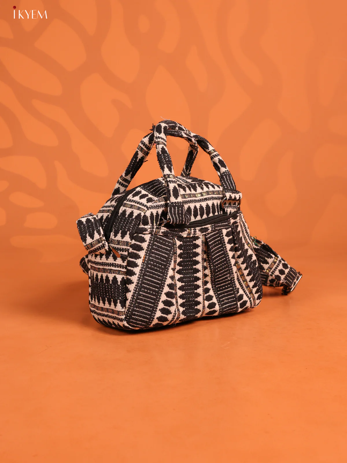 Jute Printed Crushed Sling Bag with 2 Compartments - Black with White - KD26619 - Image 2