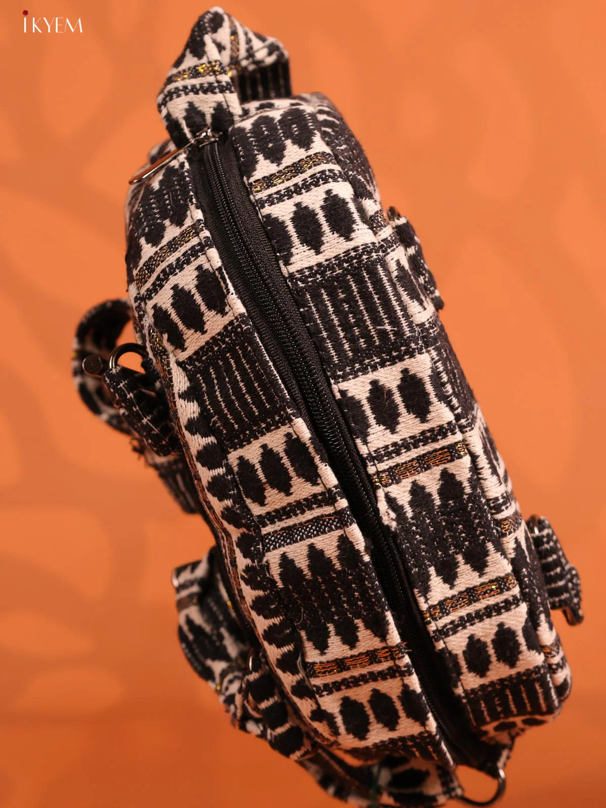 Jute Printed Crushed Sling Bag with 2 Compartments - Black with White - KD26619 - Image 5