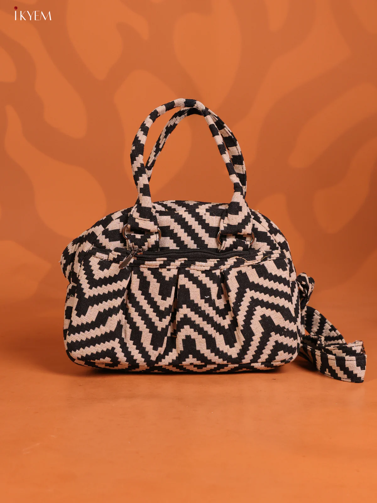 Jute Printed Crushed Sling Bag with 2 Compartments - Black with Off White - KD26620
