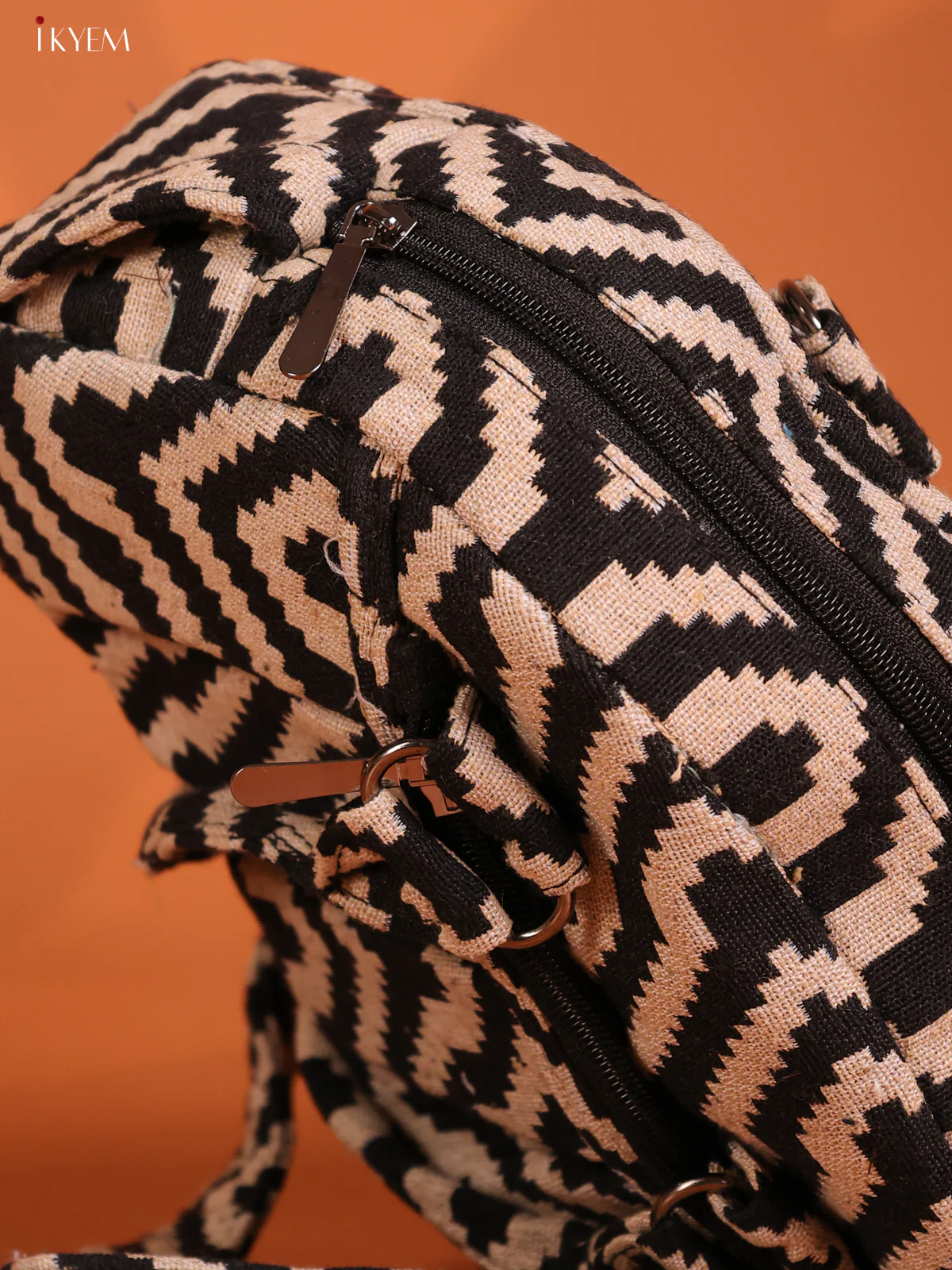 Jute Printed Crushed Sling Bag with 2 Compartments - Black with Off White - KD26620 - Image 3