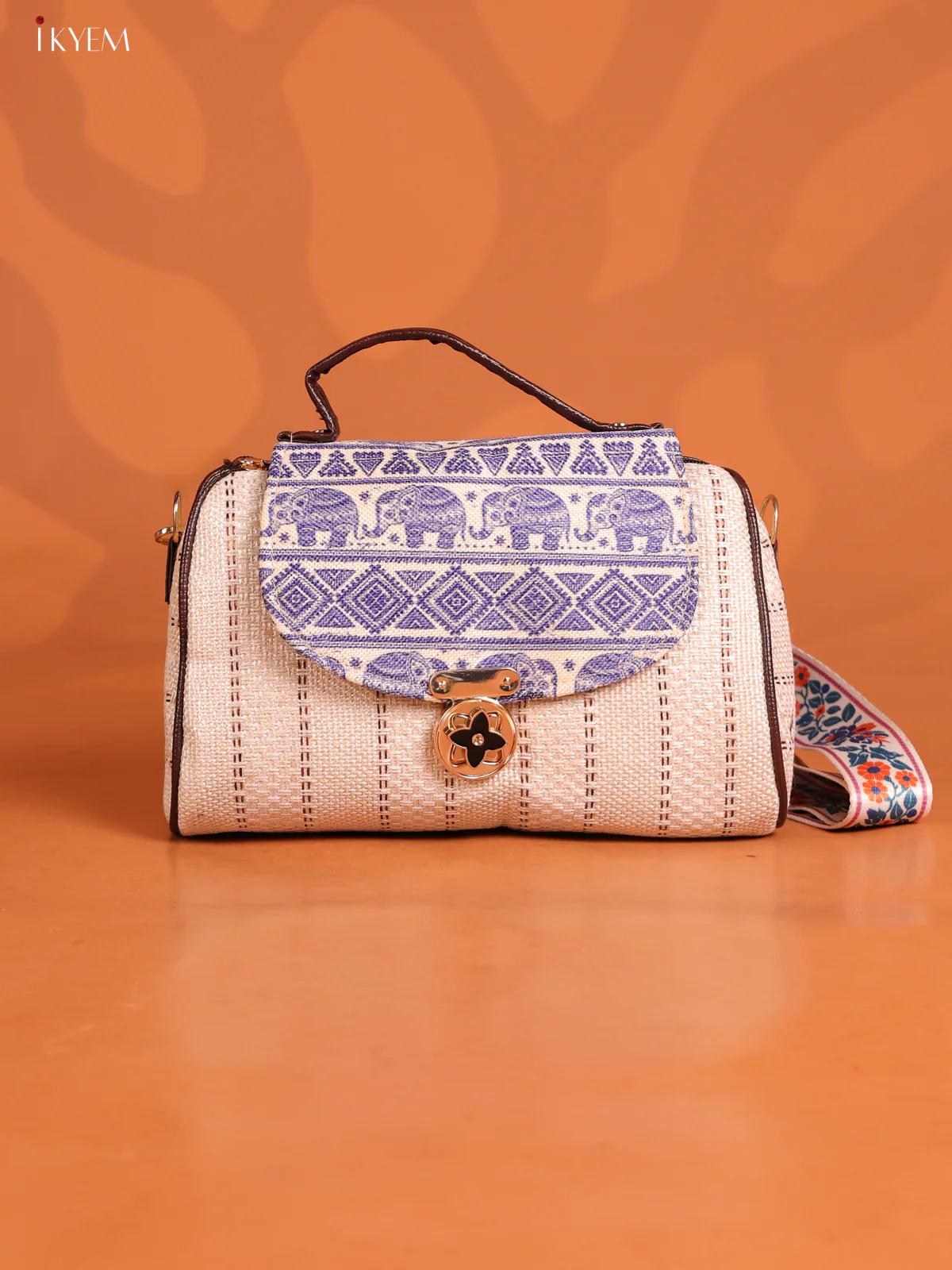 Jacquard Paisley Gusset & Flap Printed Sling Bag with 3 Compartments - White with Blue - KD26643