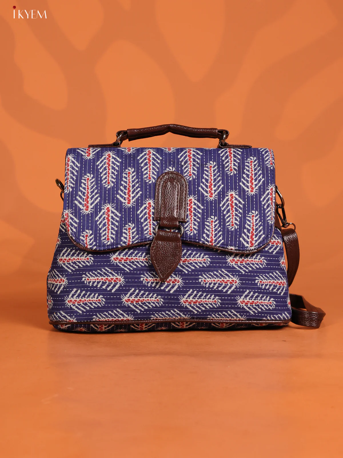 Jacquard Ikat Print Flap with Leather Sling bag with 3 Compartments - Navy Blue - KD26648