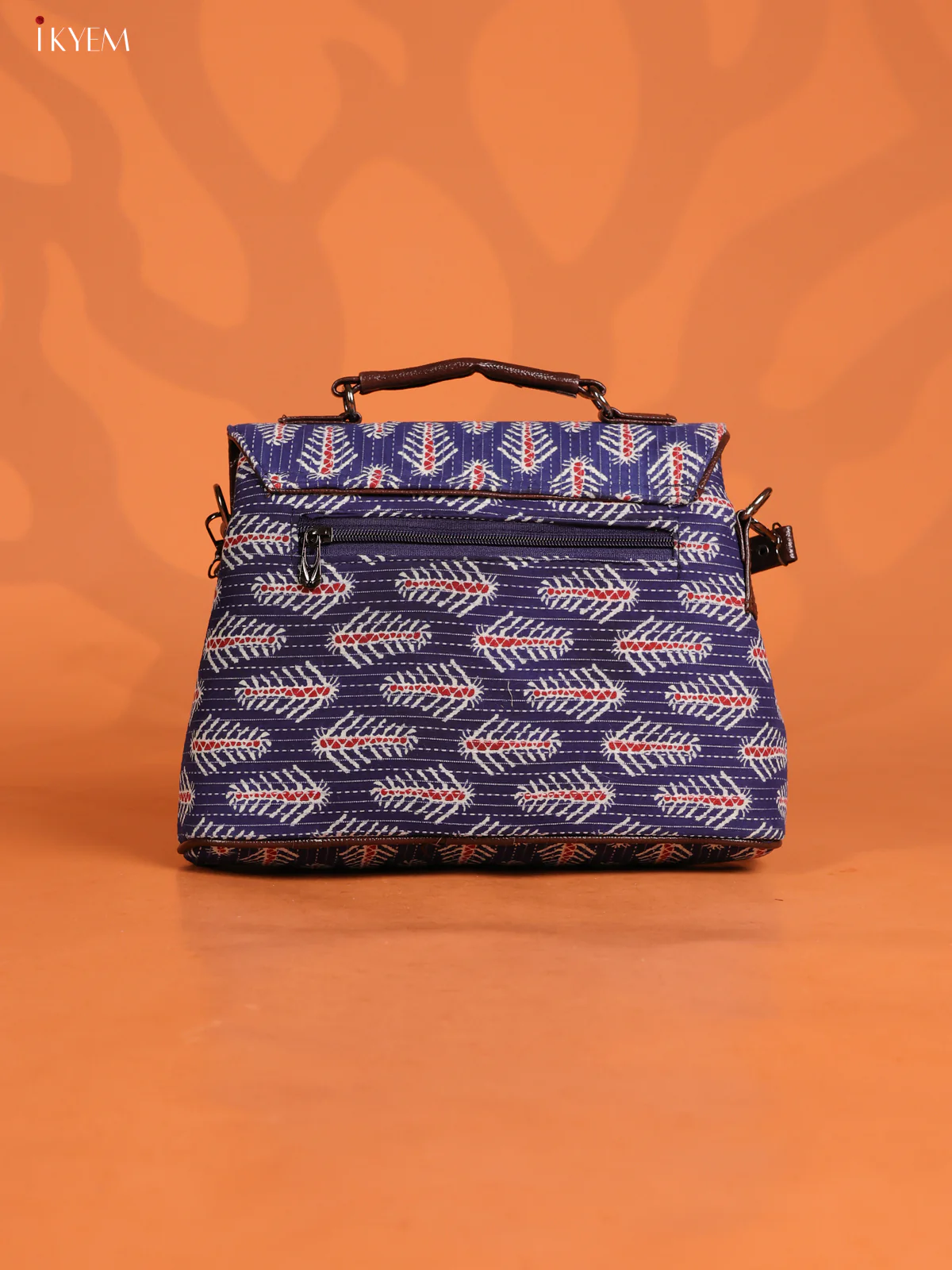 Jacquard Ikat Print Flap with Leather Sling bag with 3 Compartments - Navy Blue - KD26648 - Image 2
