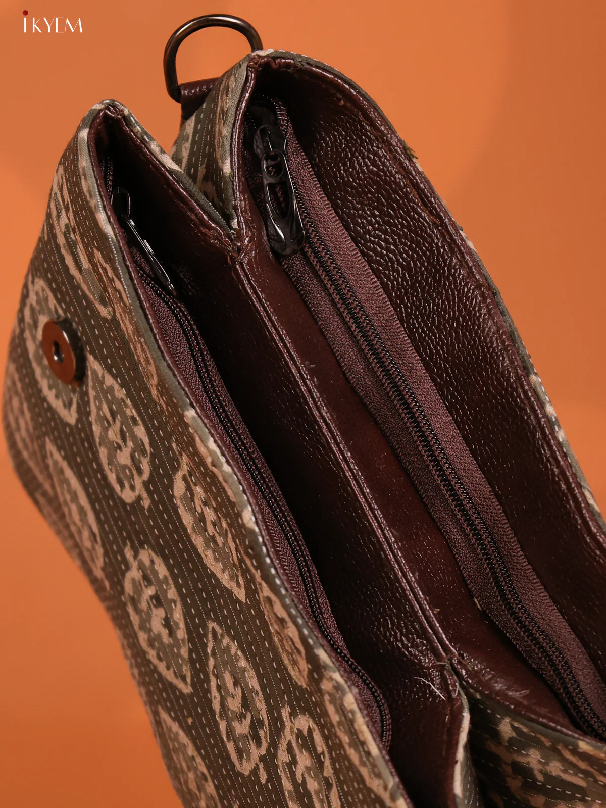 Jacquard Floral Print Flap with Leather Sling bag with 3 Compartments - Green - KD26652 - Image 3