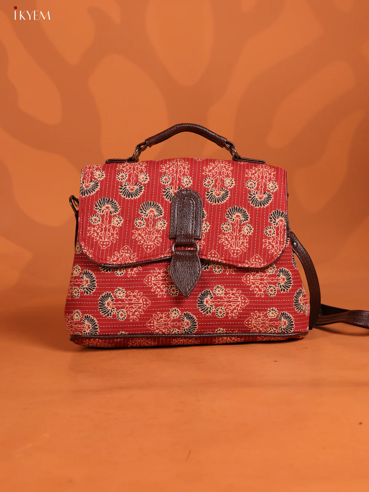 Jacquard Floral Print Flap with Leather Sling bag with 3 Compartments - Red - KD26653