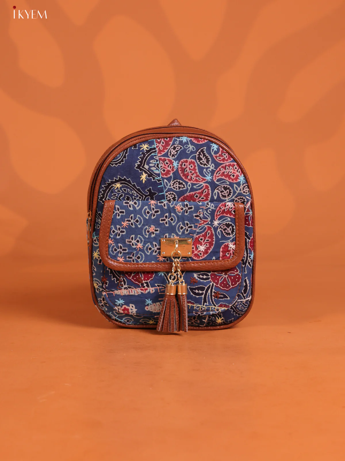 Embroidered Cotton Paisley Back Bag Flap with 2 Compartments - Blue - KD26659
