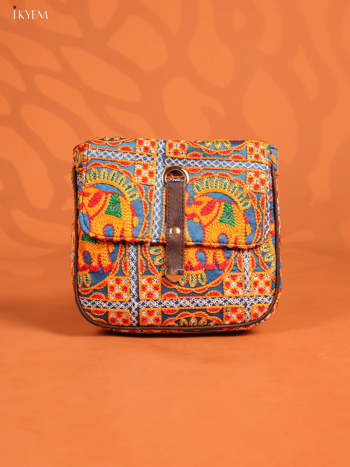 Embroidered Cotton Flap Leather Sling Bag with 3 Compartments - Yellow with Blue - KD26664