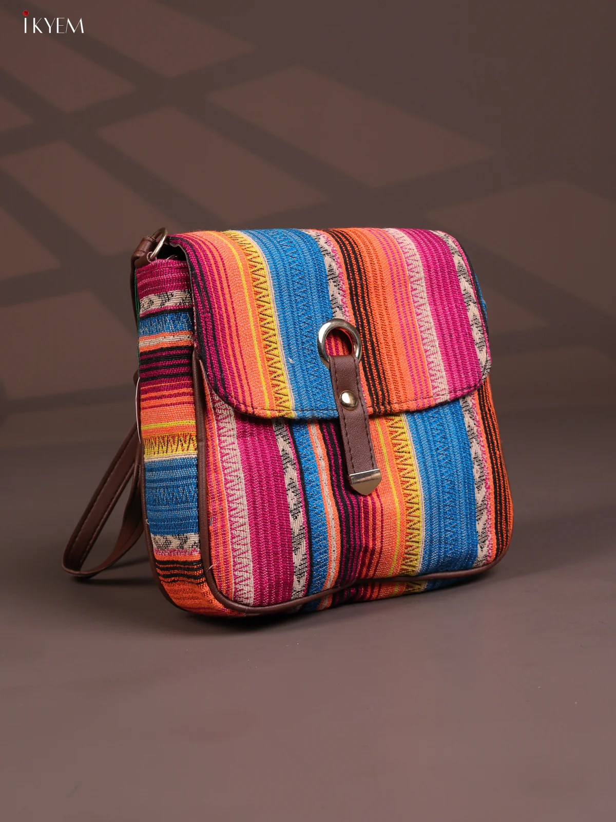 Embroidered Cotton Flap Leather Sling Bag with 3 Compartments - Multicolour - KD26665 - Image 2