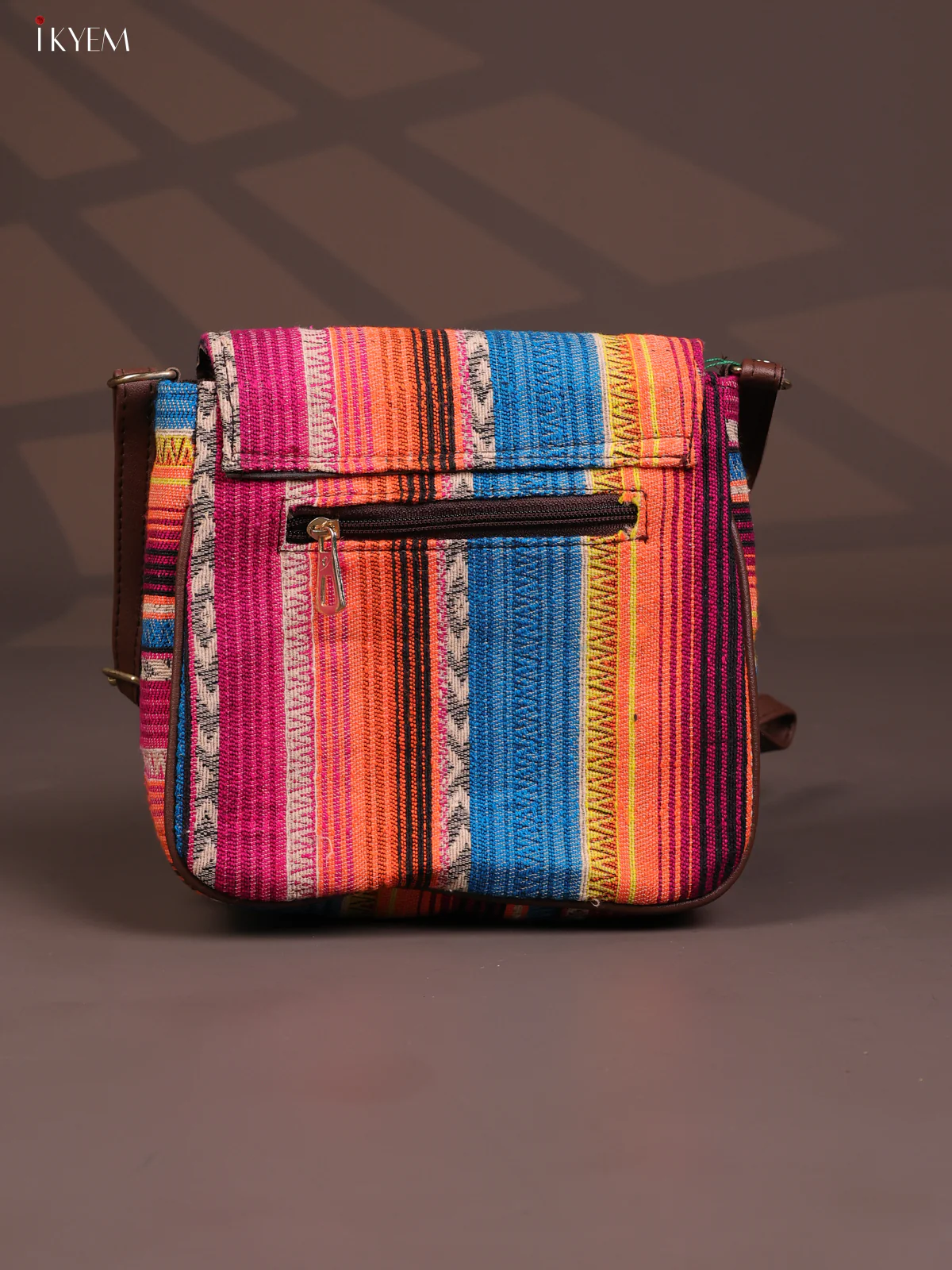Embroidered Cotton Flap Leather Sling Bag with 3 Compartments - Multicolour - KD26665 - Image 3