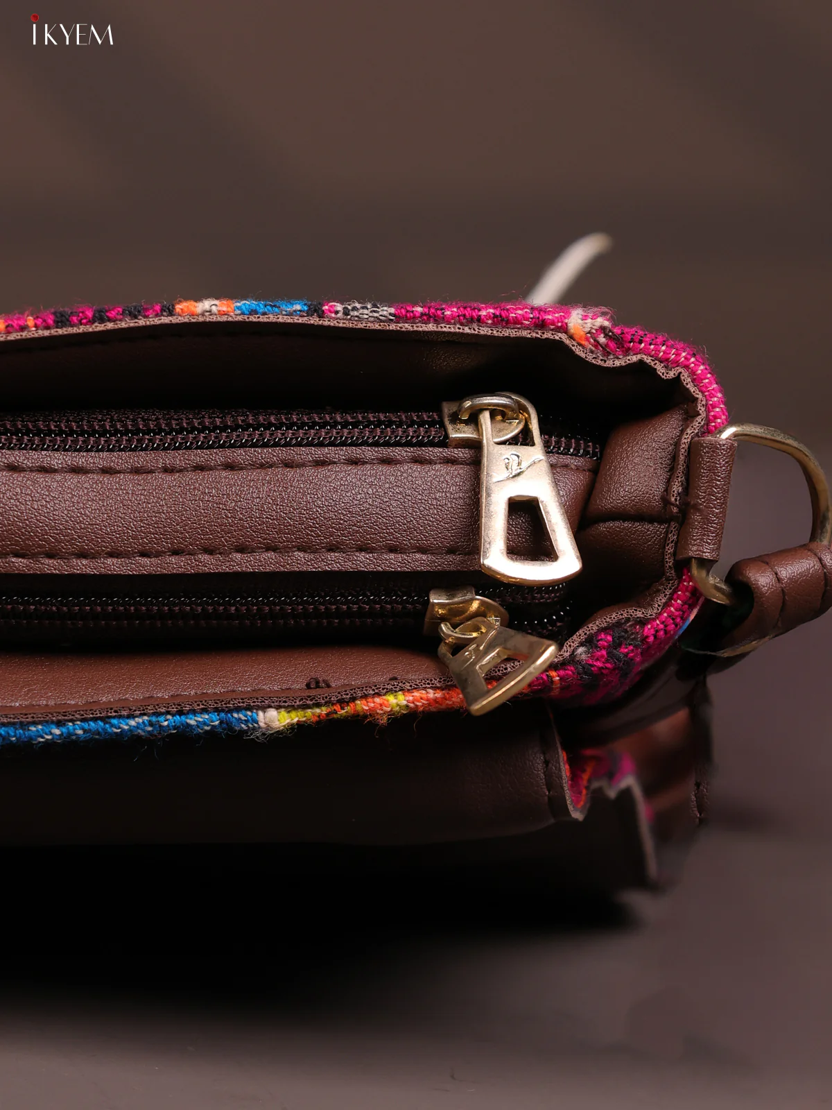Embroidered Cotton Flap Leather Sling Bag with 3 Compartments - Multicolour - KD26665 - Image 5