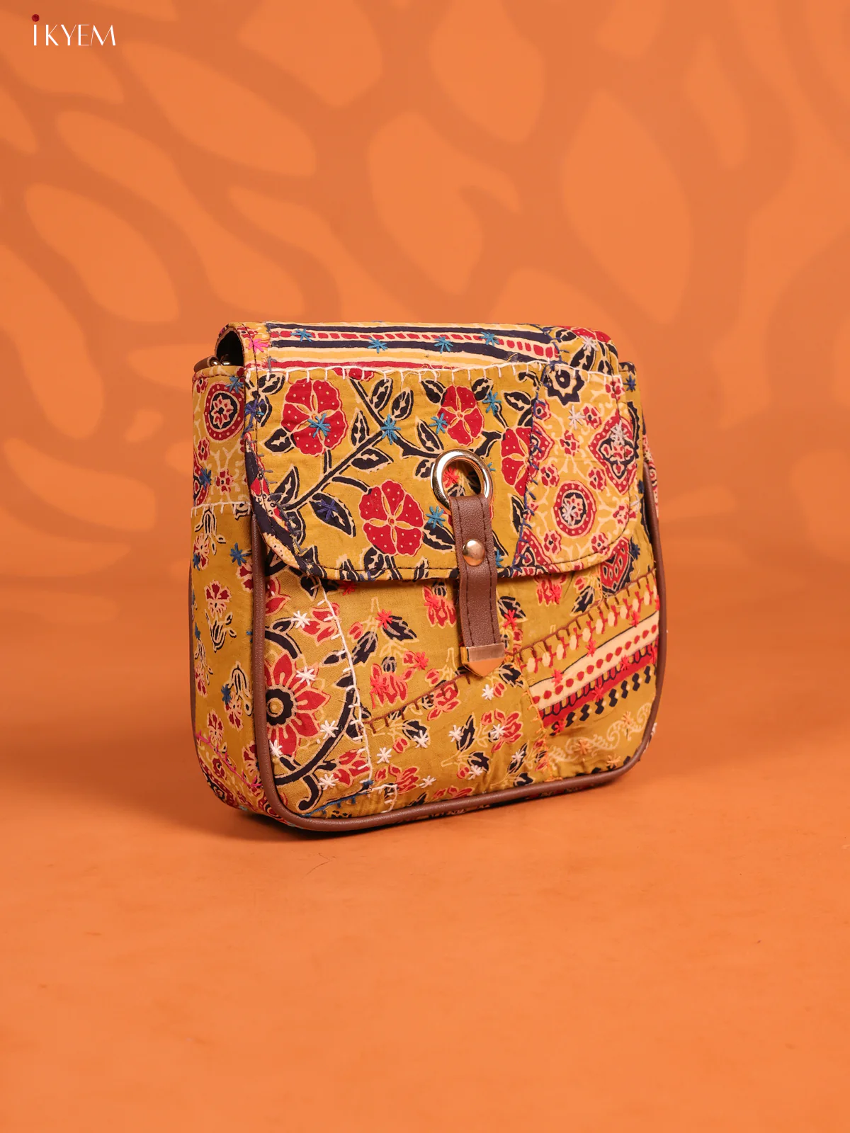 Embroidered Cotton Flap Leather Sling Bag with 3 Compartments - Multicolour - KD26666 - Image 2