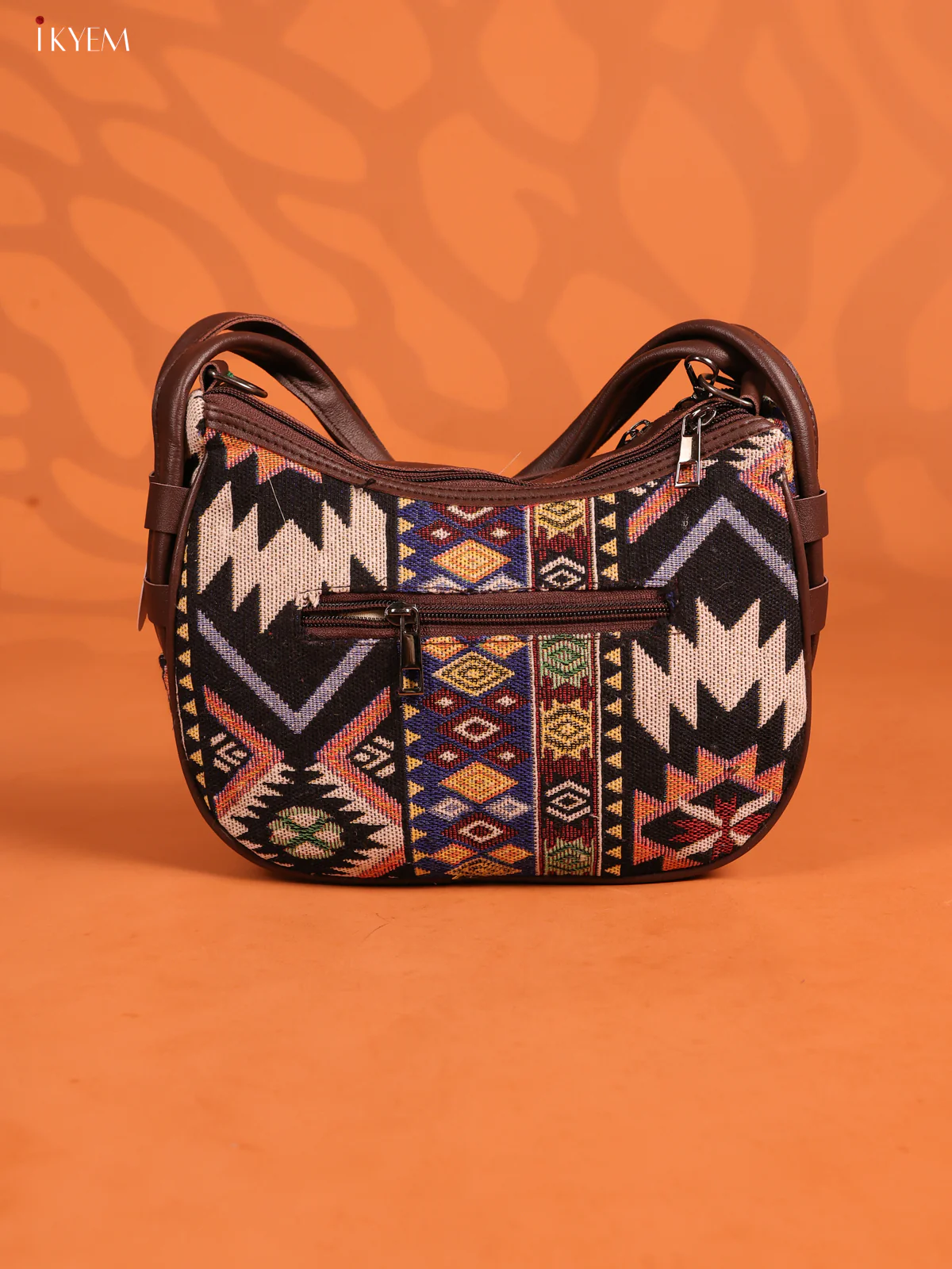 Jacquard Geometric Leather Handle Handbag with 3 Compartments - Multicolour - KD26669 - Image 3
