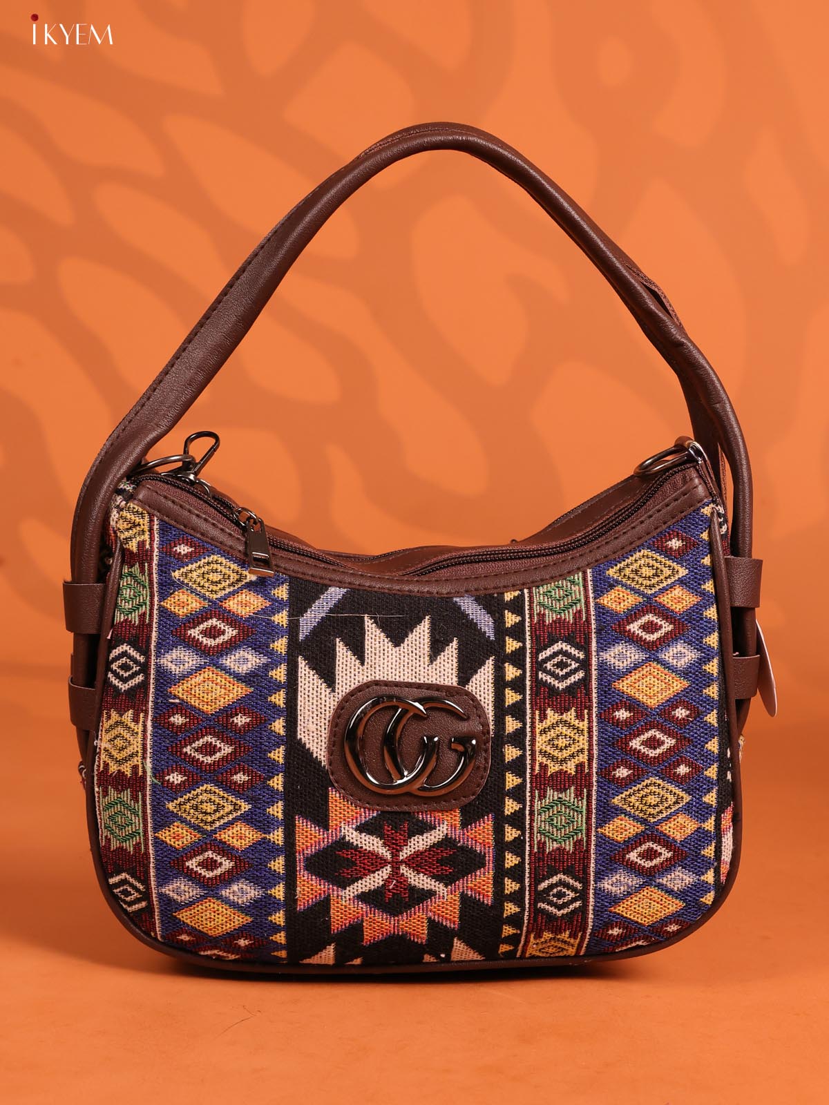 Jacquard Geometric Leather Handle Handbag with 3 Compartments - Multicolour - KD26669 - Image 4