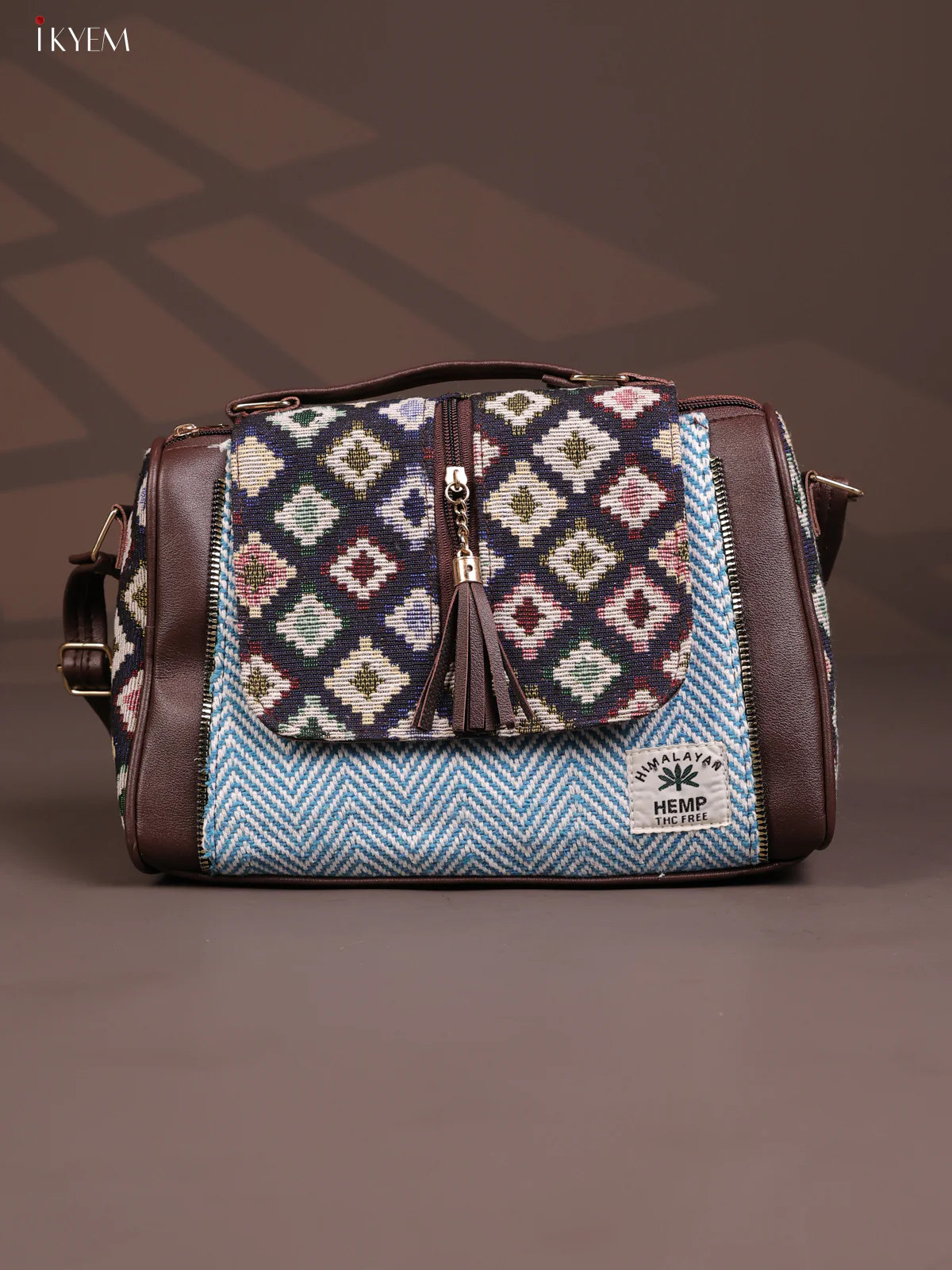 Jacquard Geometric Leather Sling Bag with 3 compartments - Blue - KD26672