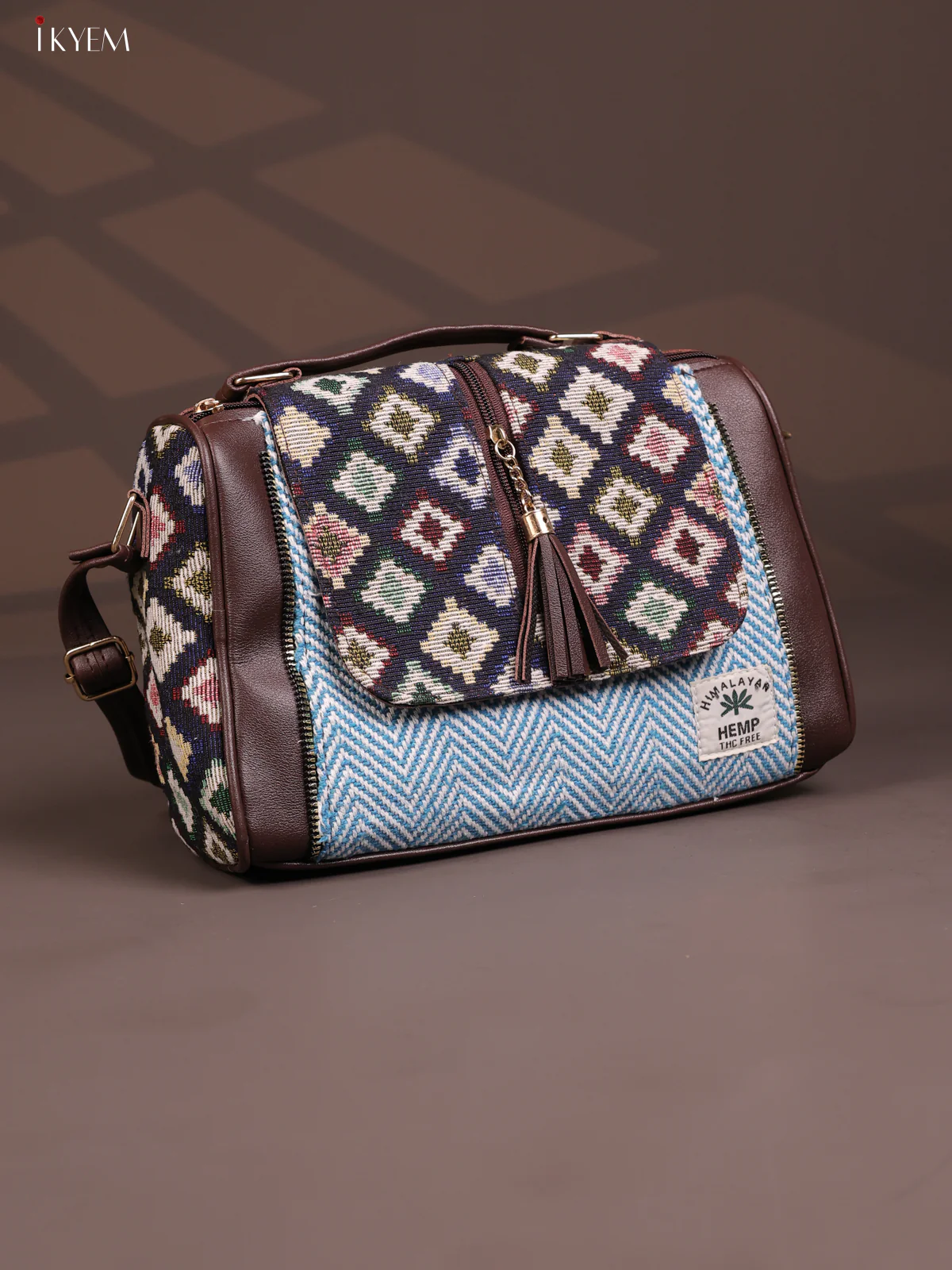Jacquard Geometric Leather Sling Bag with 3 compartments - Blue - KD26672 - Image 2