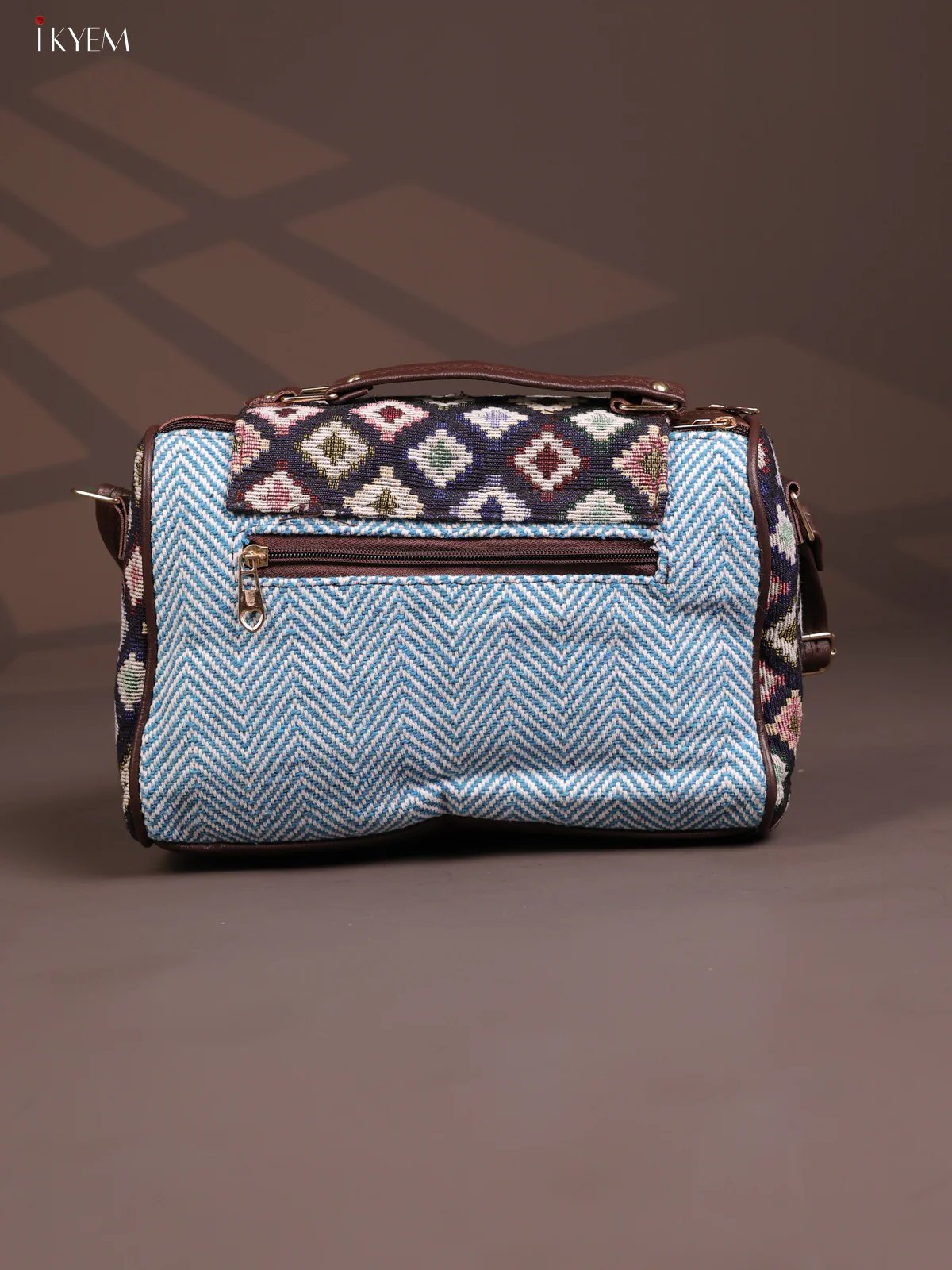 Jacquard Geometric Leather Sling Bag with 3 compartments - Blue - KD26672 - Image 3