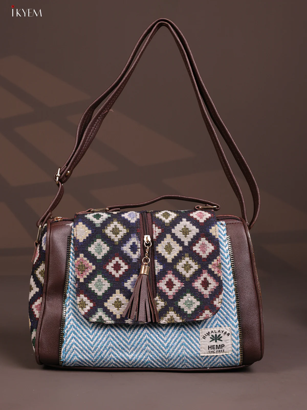 Jacquard Geometric Leather Sling Bag with 3 compartments - Blue - KD26672 - Image 4