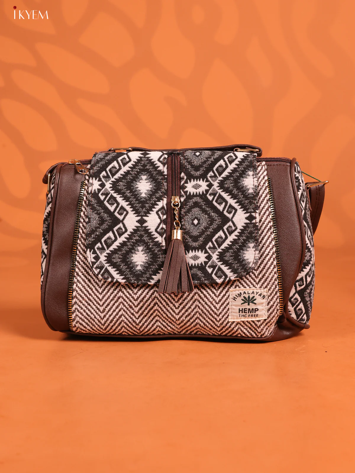 Jacquard Ikat Leather Sling Bag with 3 compartments - Brown - KD26676