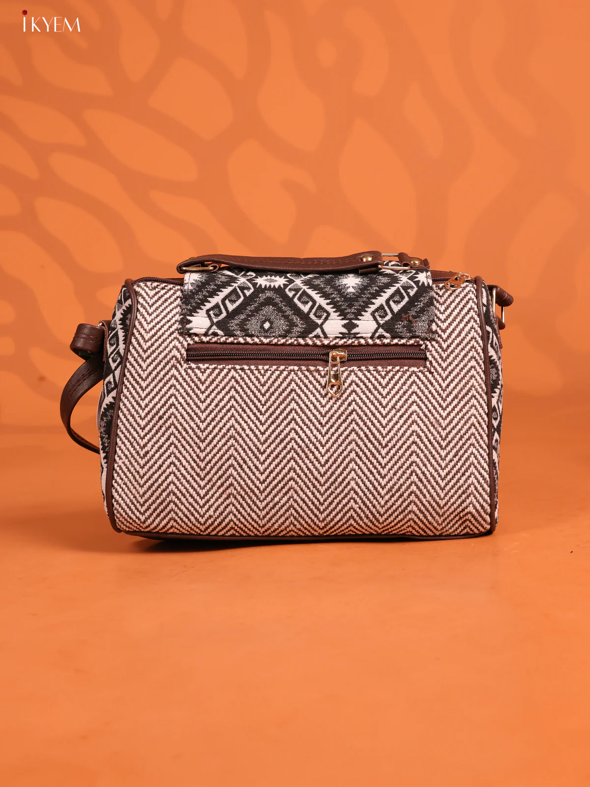Jacquard Ikat Leather Sling Bag with 3 compartments - Brown - KD26676 - Image 3