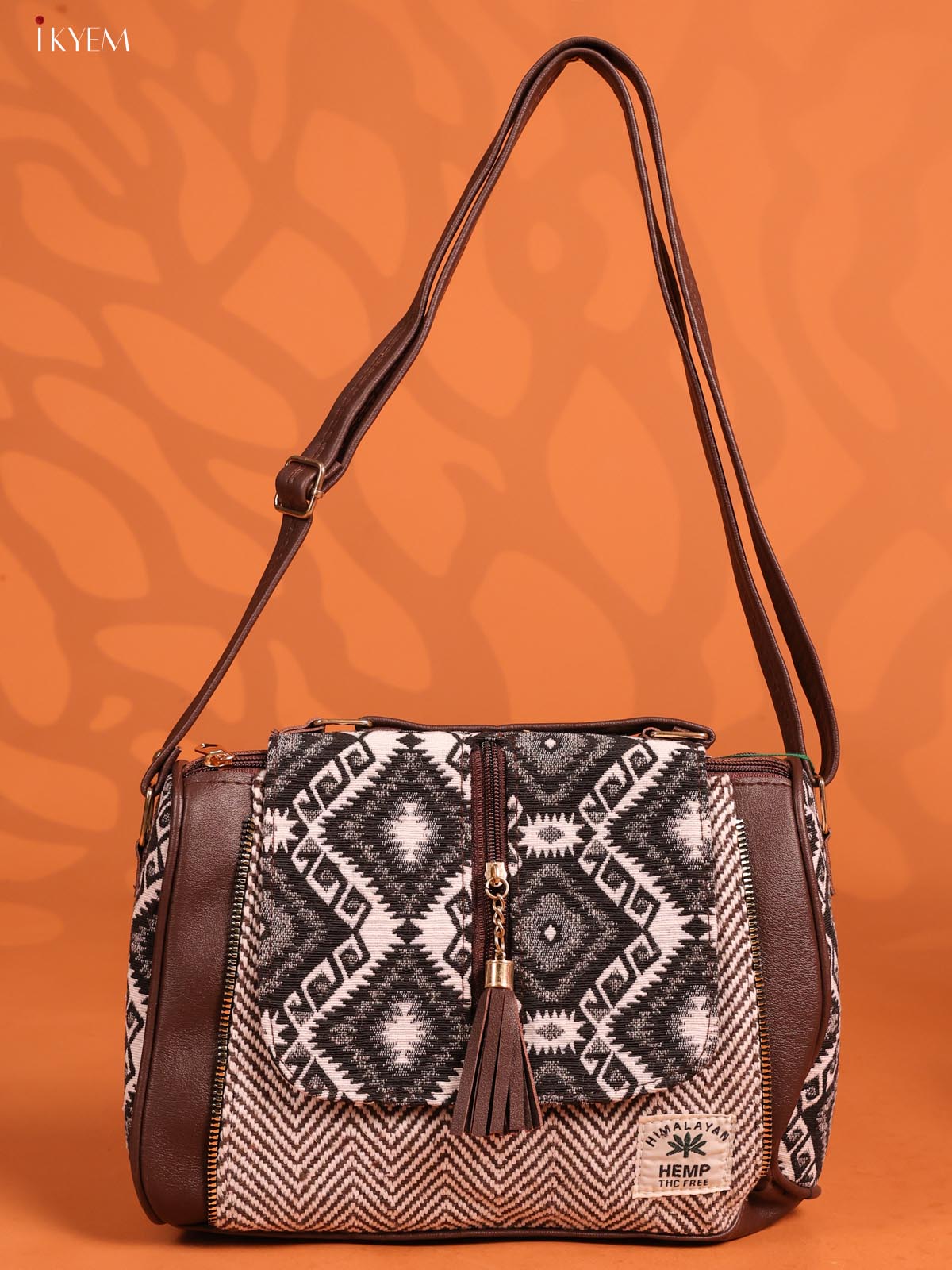 Jacquard Ikat Leather Sling Bag with 3 compartments - Brown - KD26676 - Image 4