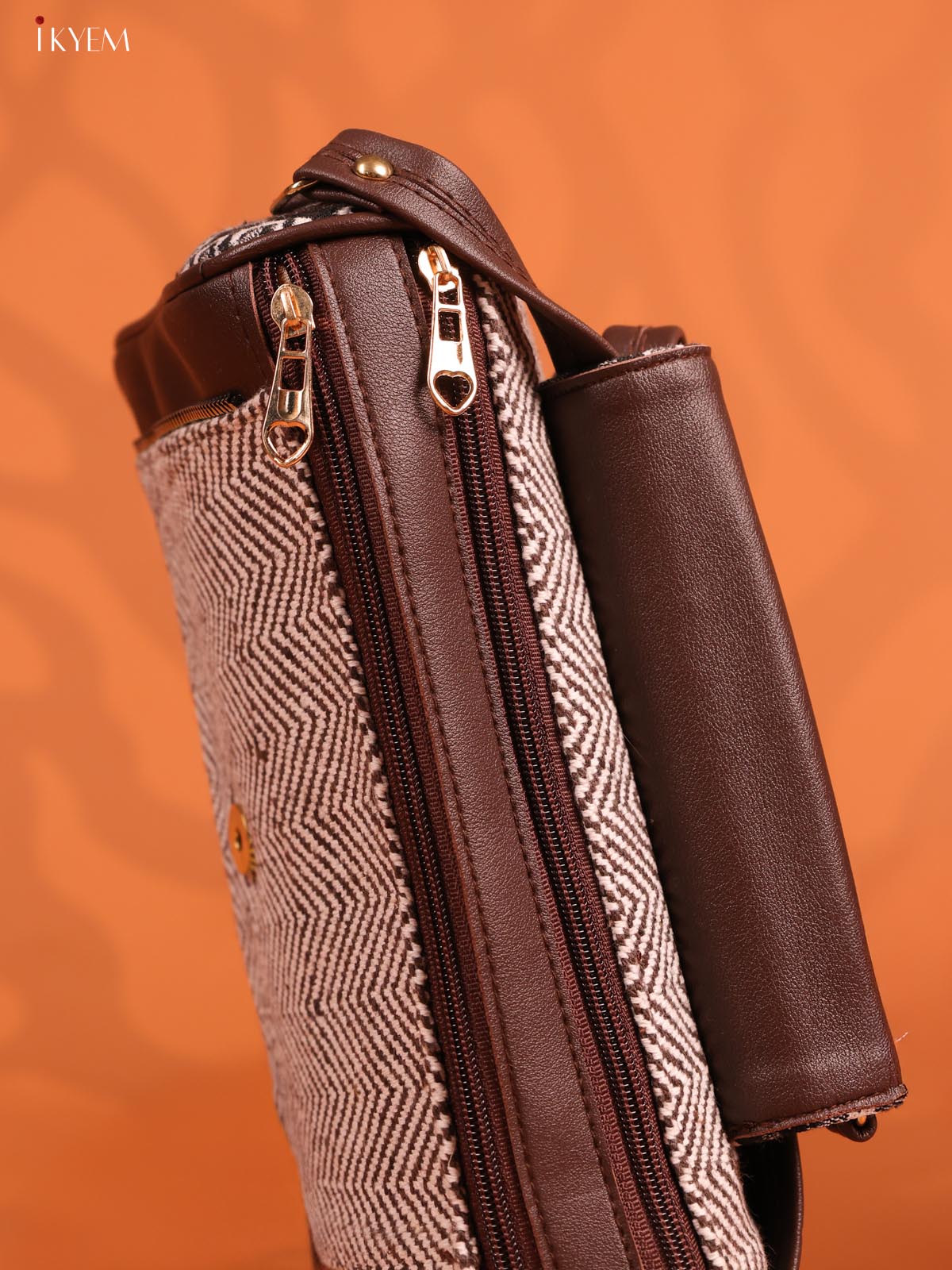 Jacquard Ikat Leather Sling Bag with 3 compartments - Brown - KD26676 - Image 5