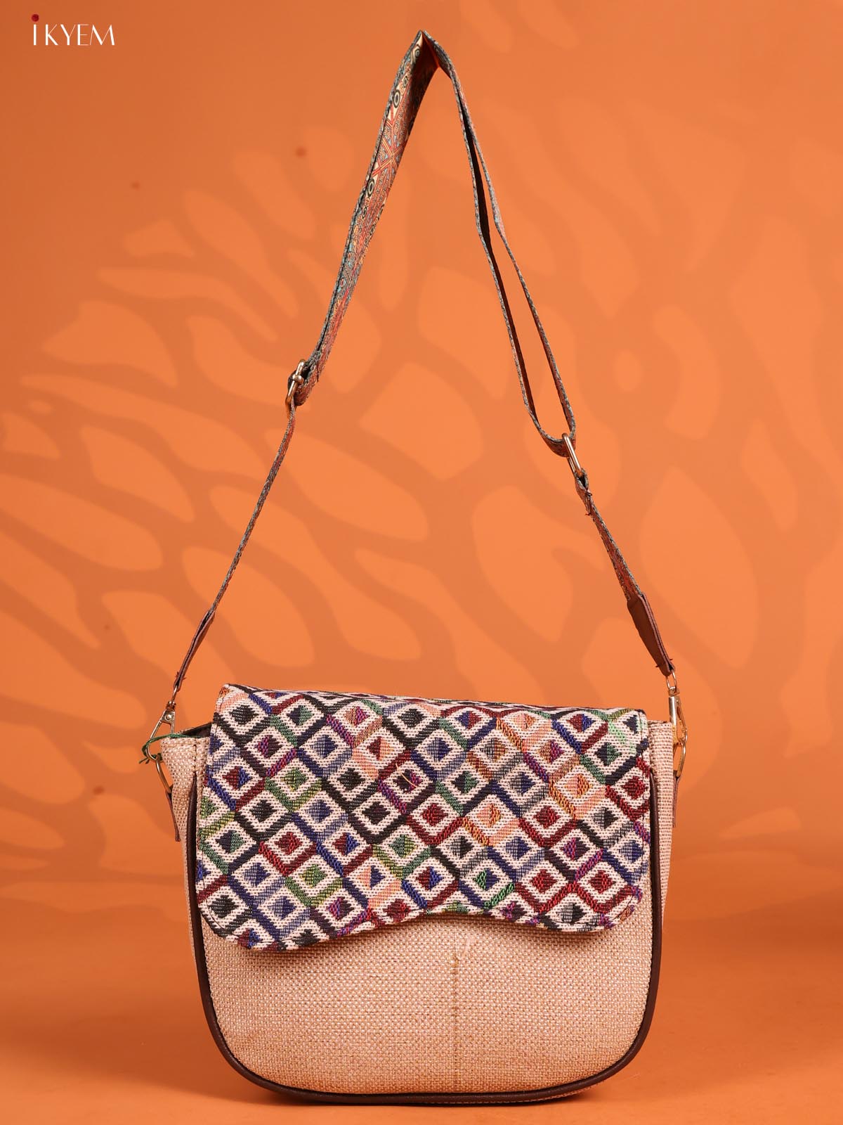 Jacquard Flap Printed Sling Bag with 3 Compartments - Cream - KD26678 - Image 4