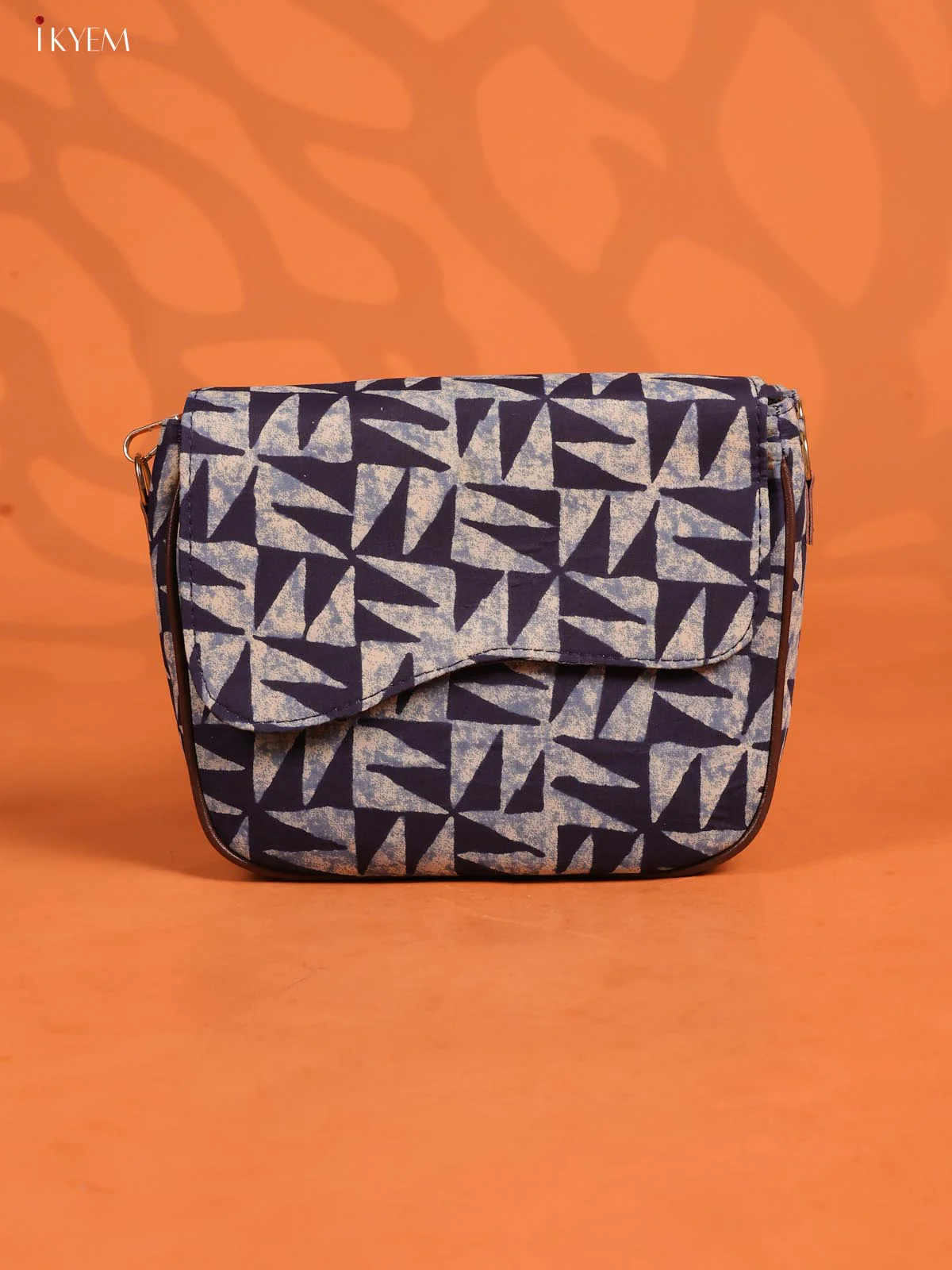 Jacquard Flap Block Printed Sling Bag with 3 Compartments - Indigo blue - KD26682