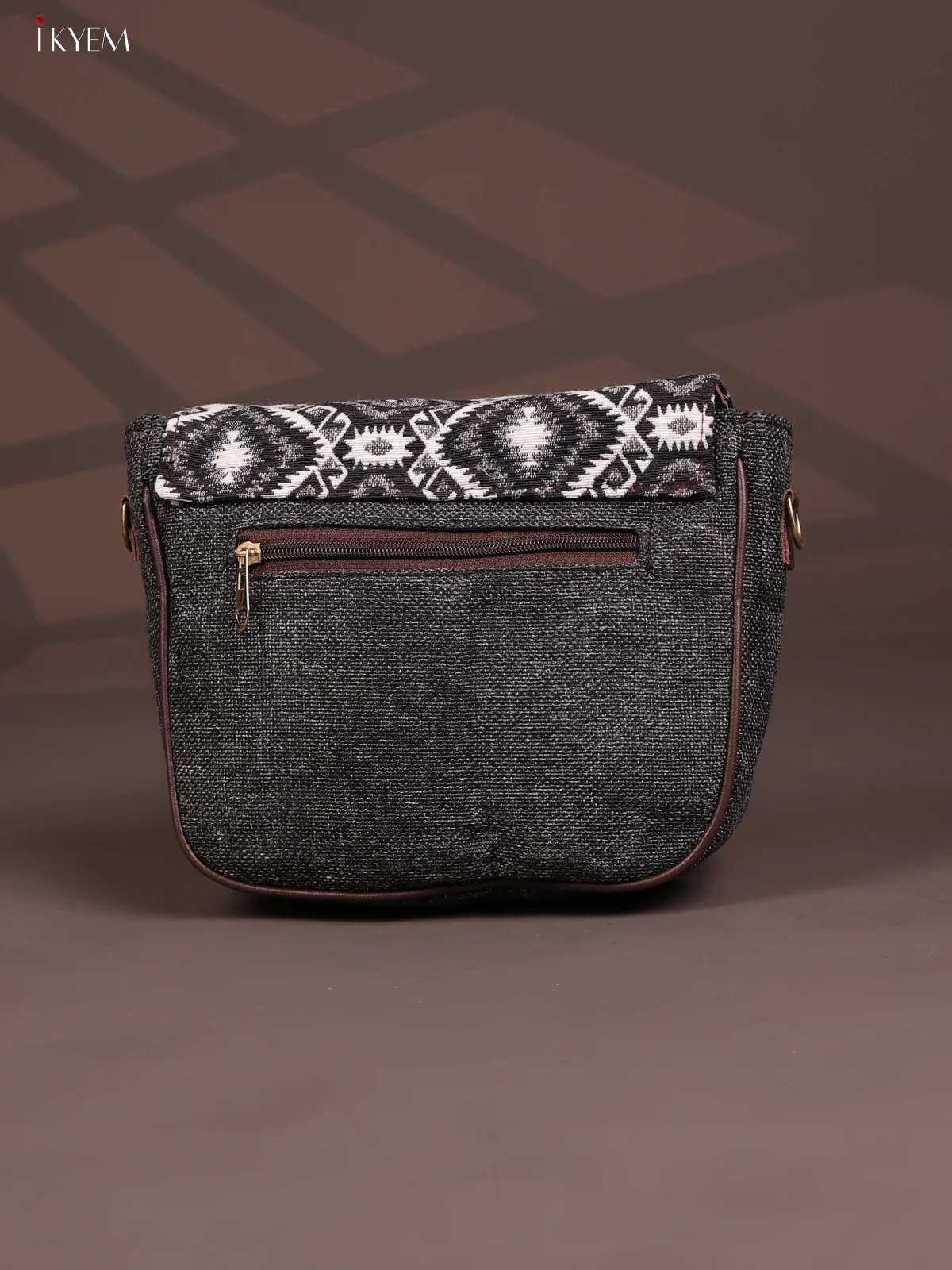 Jacquard Flap Ikat Printed Sling Bag with 3 Compartments - Black - KD26683 - Image 3