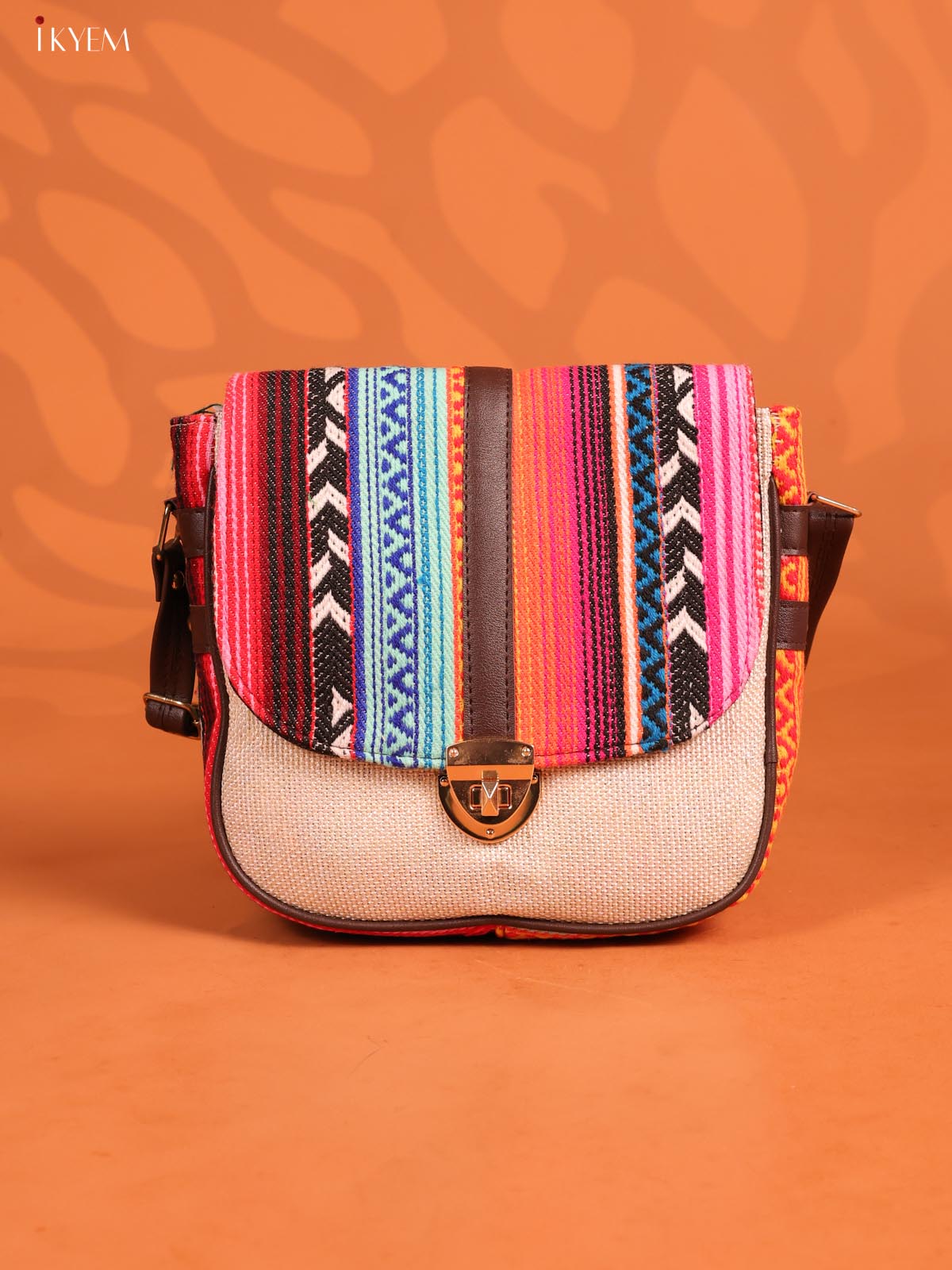 Jacquard Stripe Gusset & Flap Leather sling bag with 3 Compartments - white - KD26693