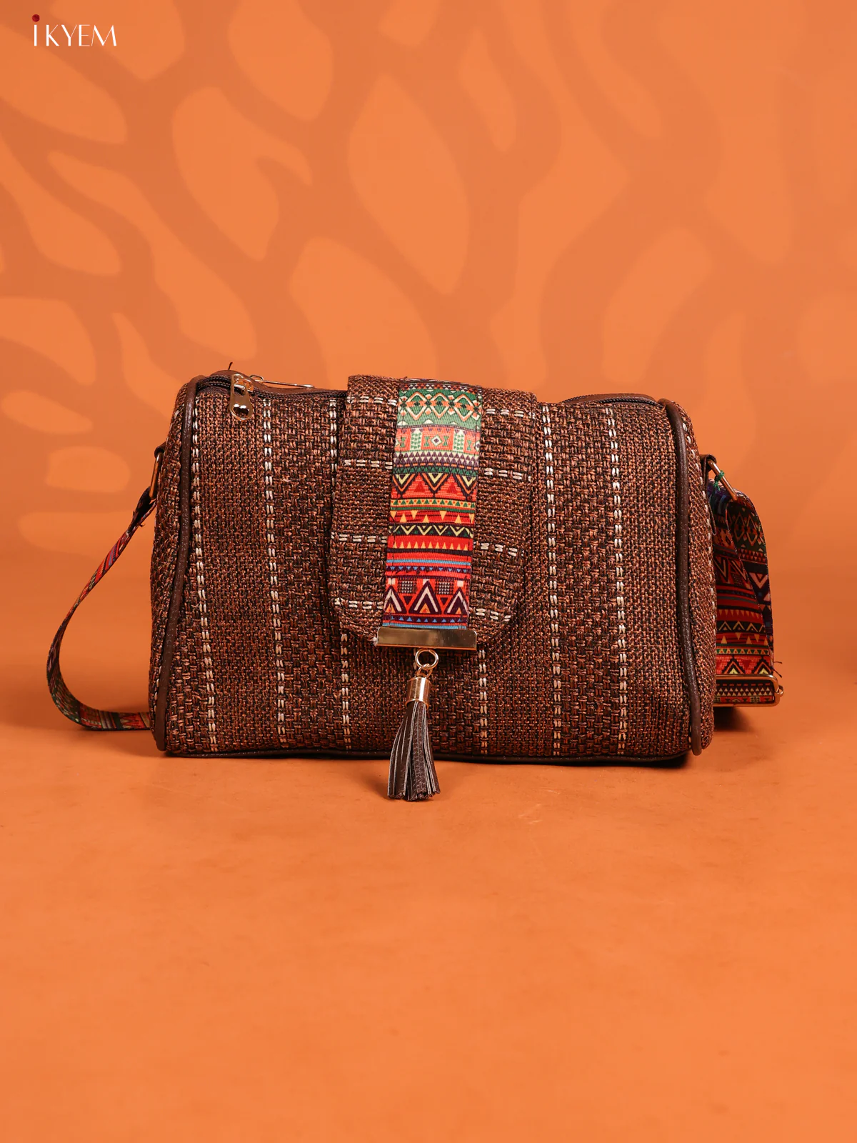 Jacquard Printed Leather Sling Bag with 3 Compartments - Coffee Brown - KD26699