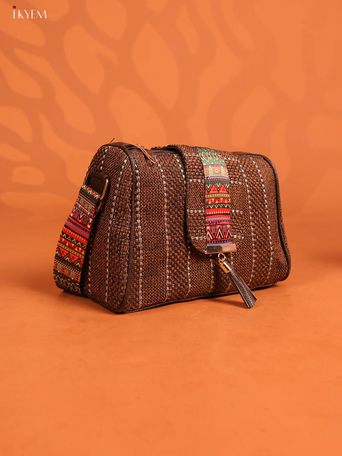 Jacquard Printed Leather Sling Bag with 3 Compartments - Coffee Brown - KD26699 - Image 2