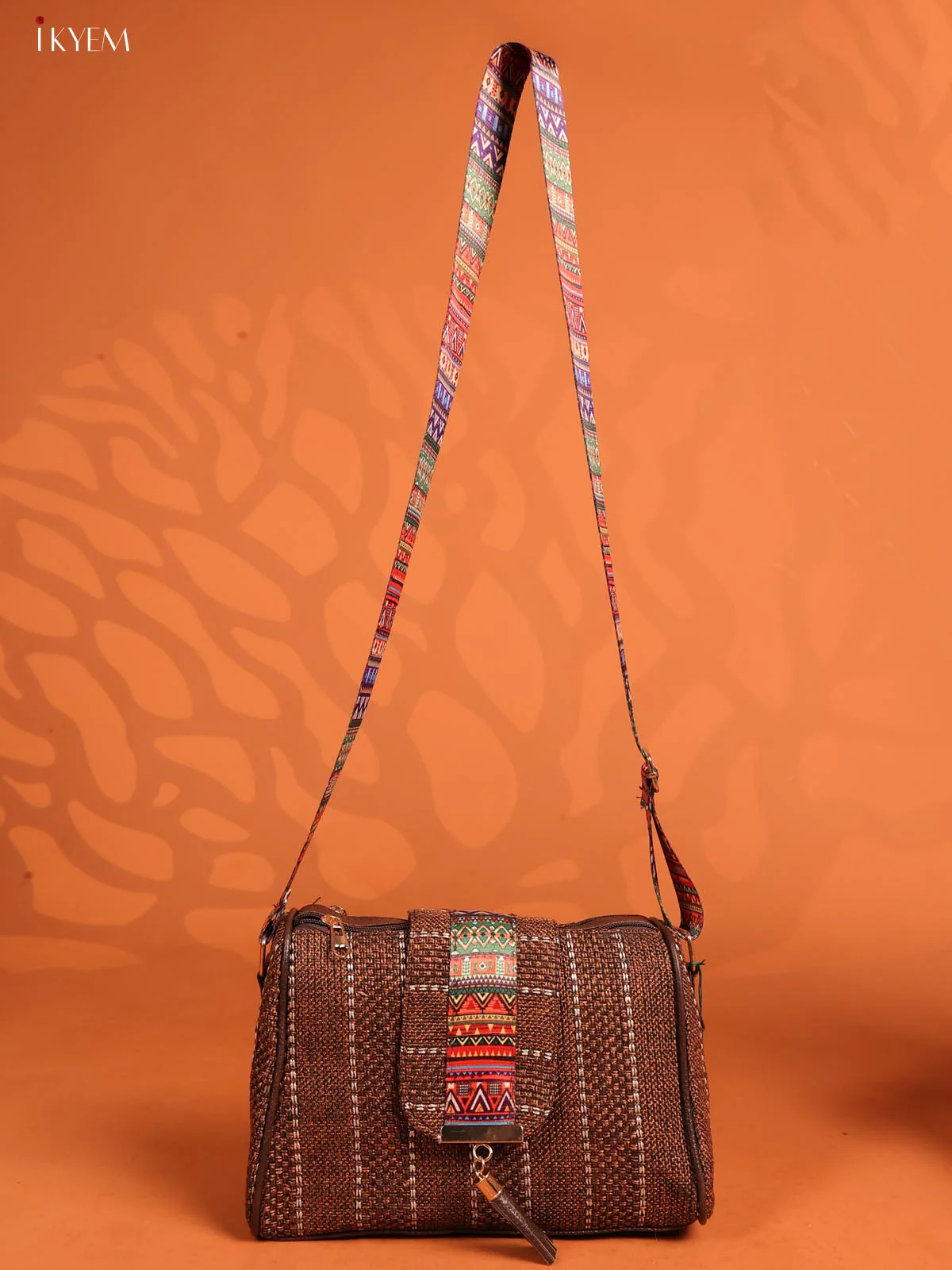 Jacquard Printed Leather Sling Bag with 3 Compartments - Coffee Brown - KD26699 - Image 4