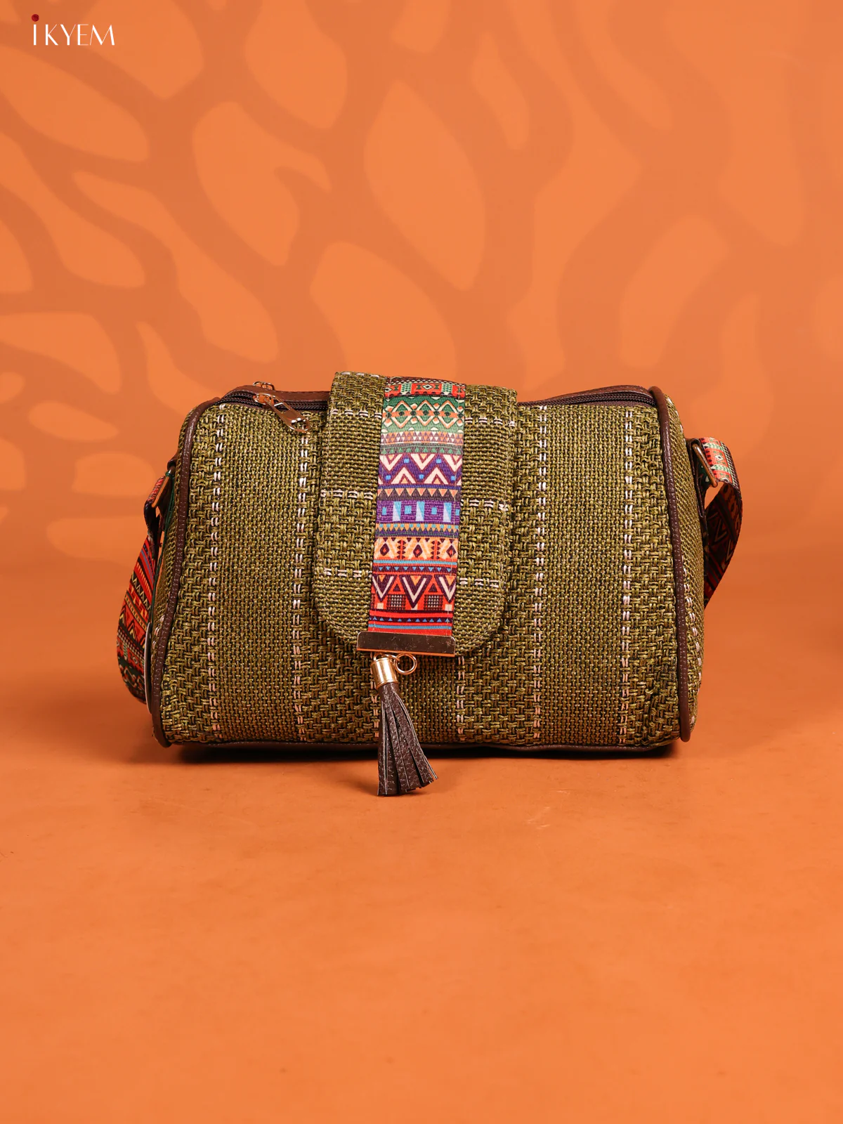Jacquard Printed Leather Sling Bag with 3 Compartments - Green - KD26701