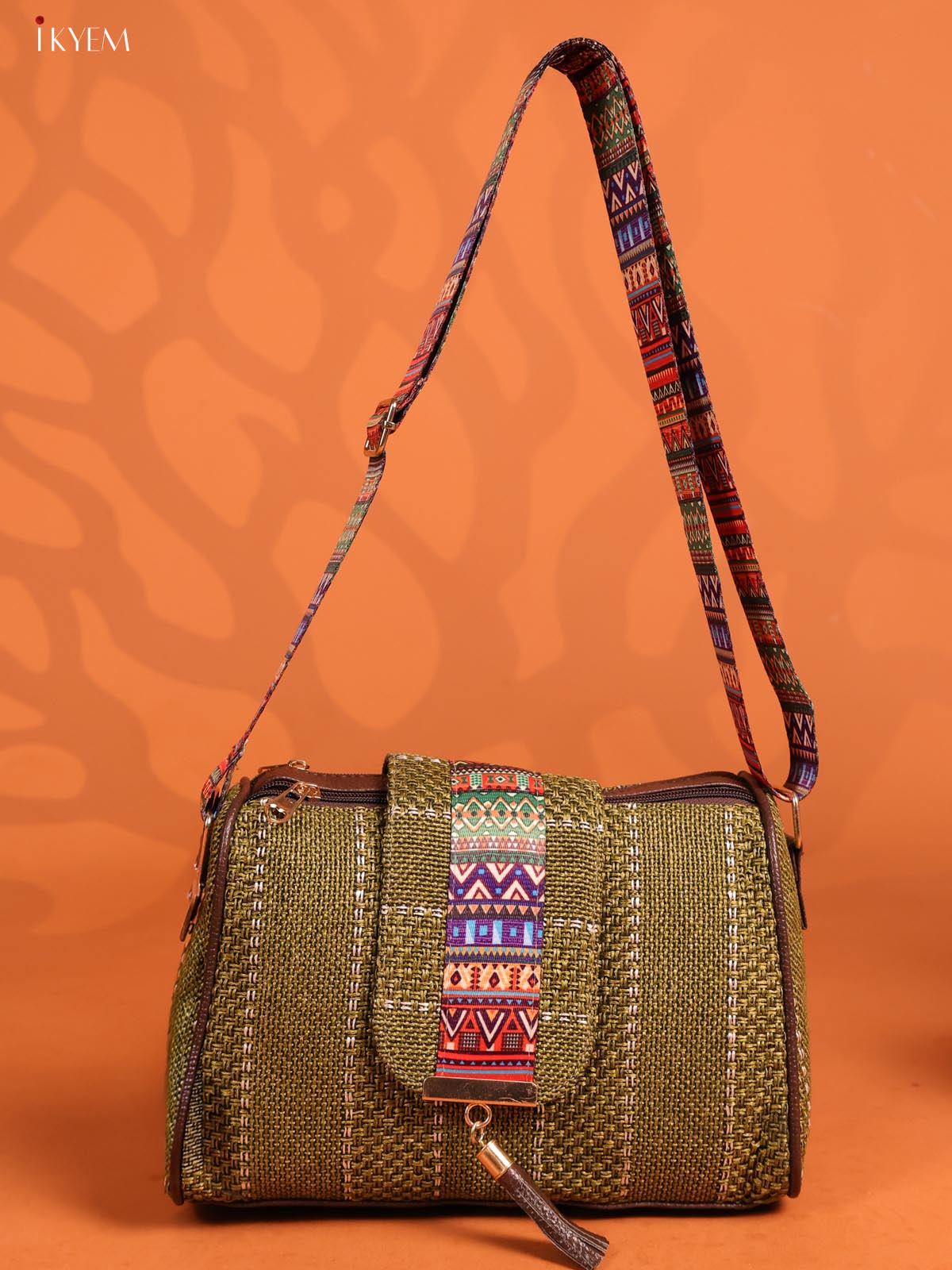 Jacquard Printed Leather Sling Bag with 3 Compartments - Green - KD26701 - Image 4