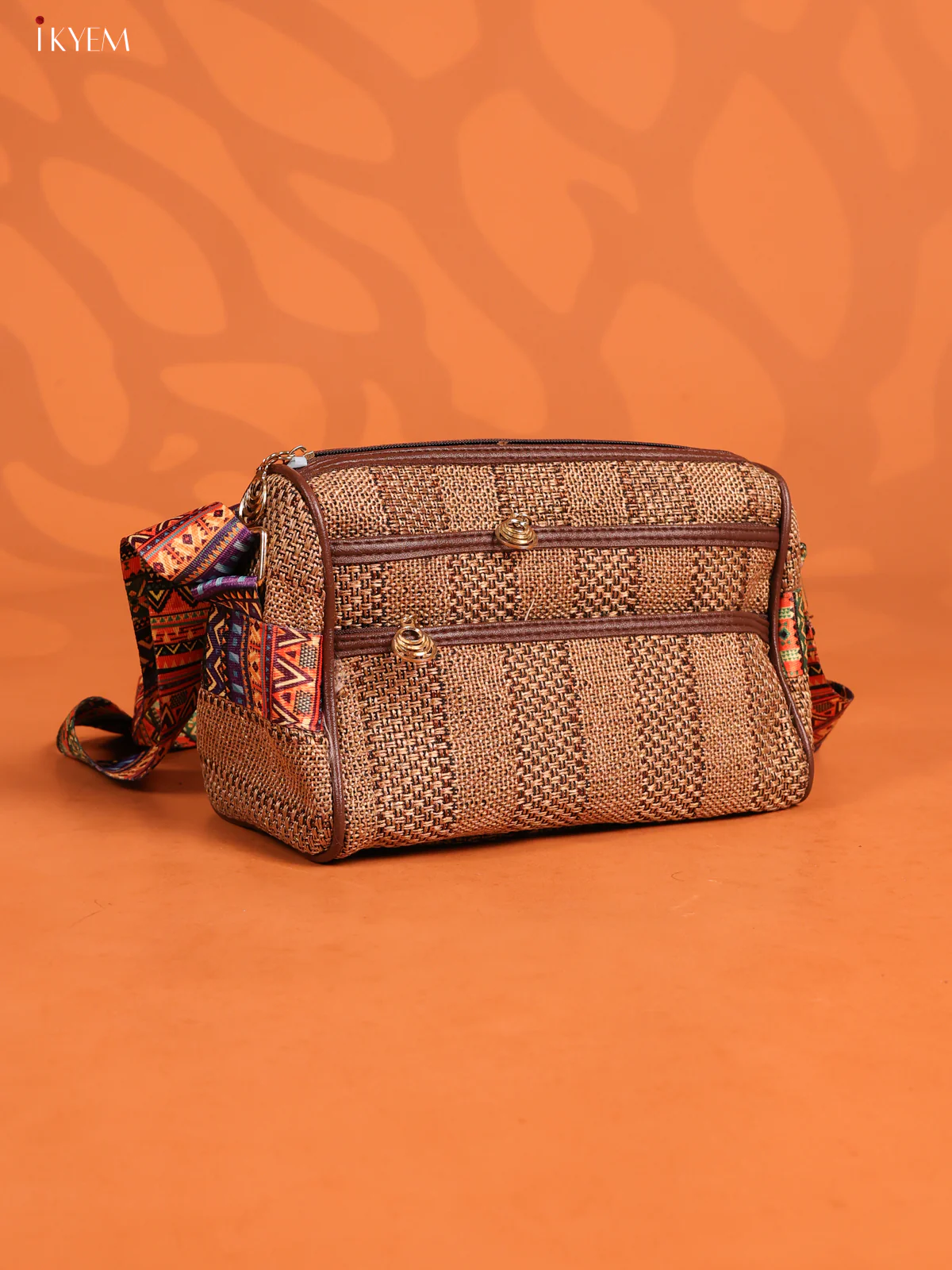 Jacquard Printed Sling Bag with 4 Compartments - Brown - KD26707 - Image 2