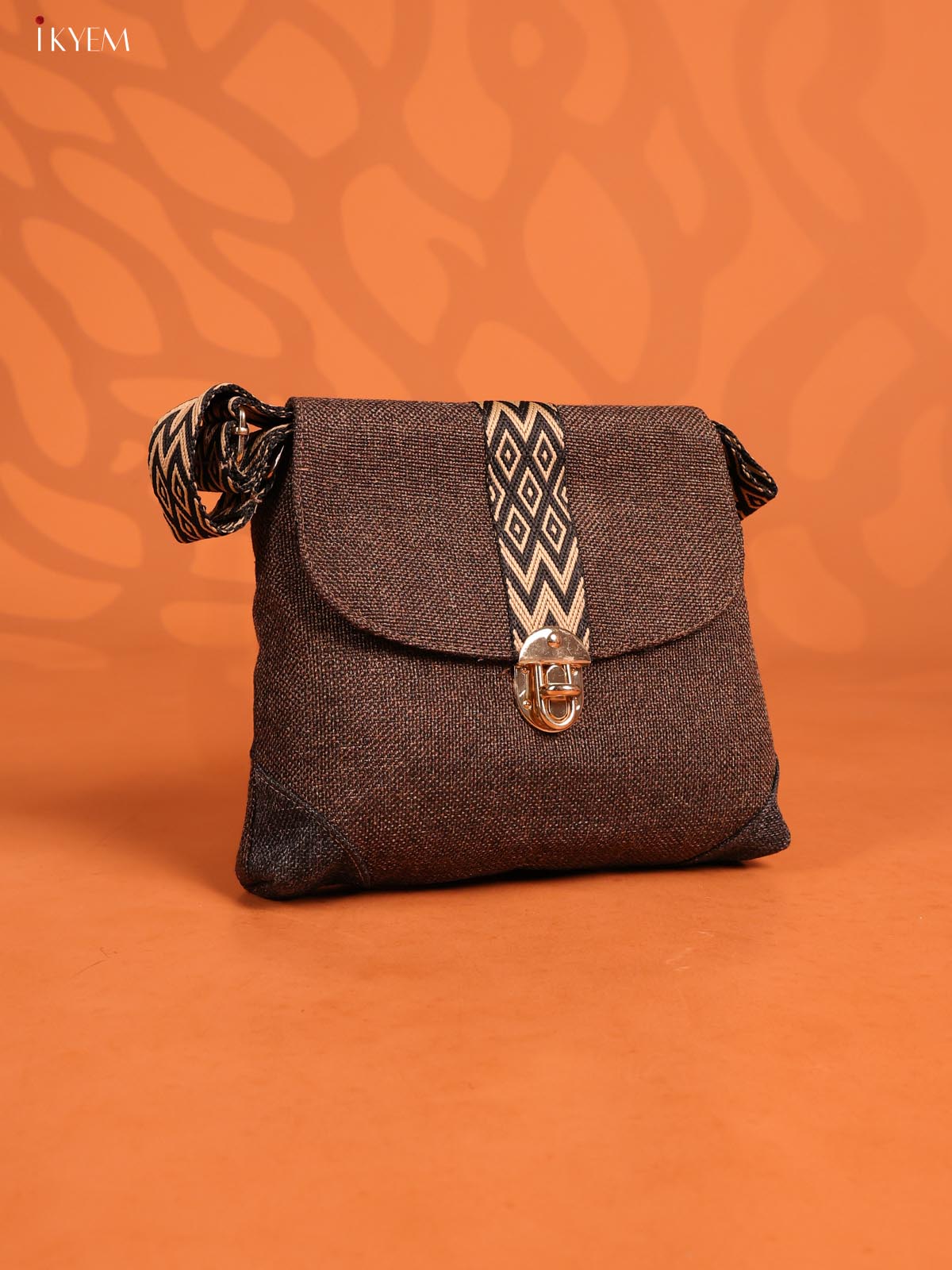 Jacquard woven Flap Printed Sling Bag with 3 Compartments - Coffee Brown - Image 2