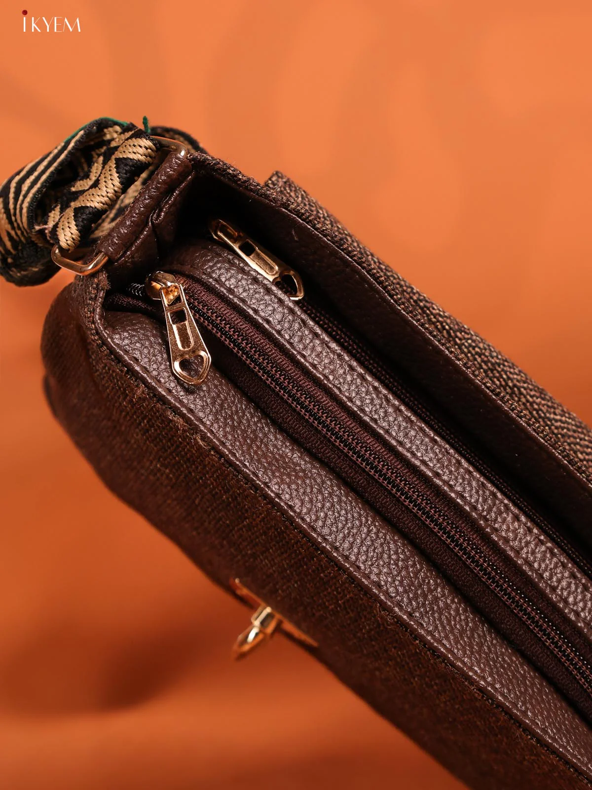 Jacquard woven Flap Printed Sling Bag with 3 Compartments - Coffee Brown - Image 5