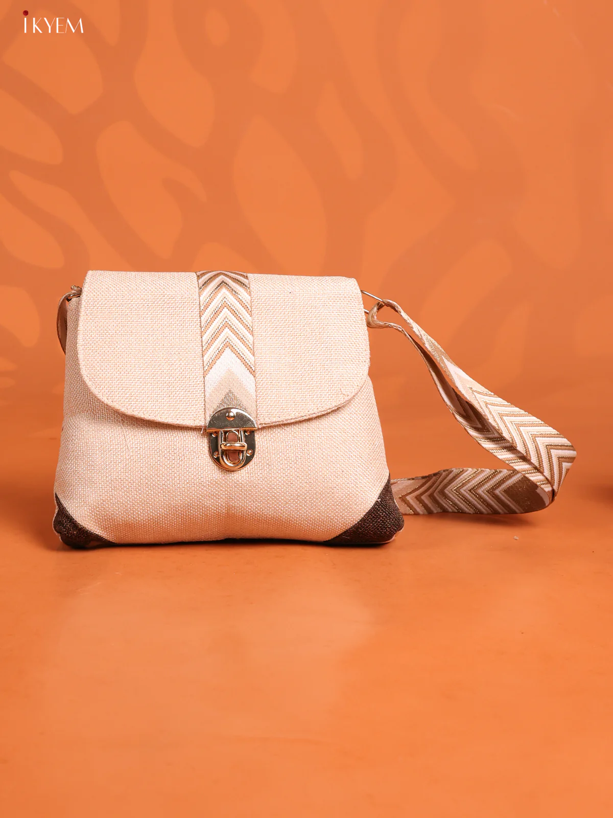 Jacquard woven Gusset & Flap Printed Sling Bag with 3 Compartments - white - KD26715