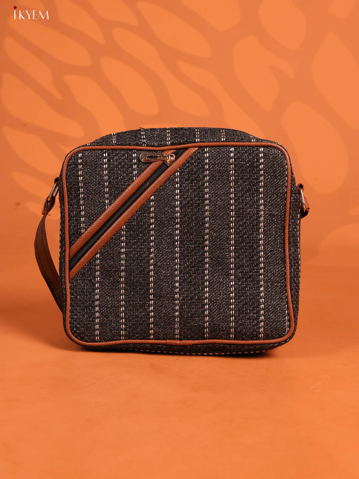 Jute Travel Buddy Leather Sling Bag with 3 Compartments - Black - KD26721