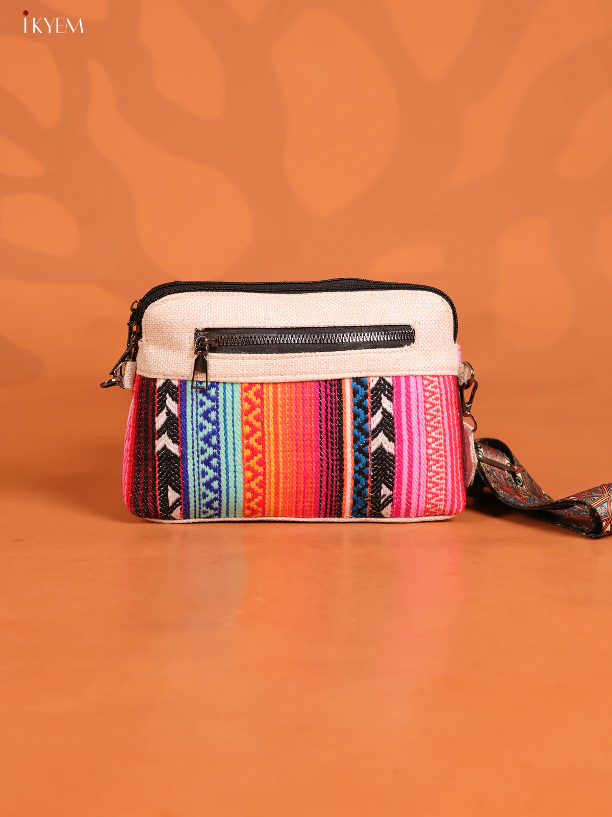 jacquard Geometric Leather Printed Sling Bag with 3 Compartments - Multi colour - KD26726