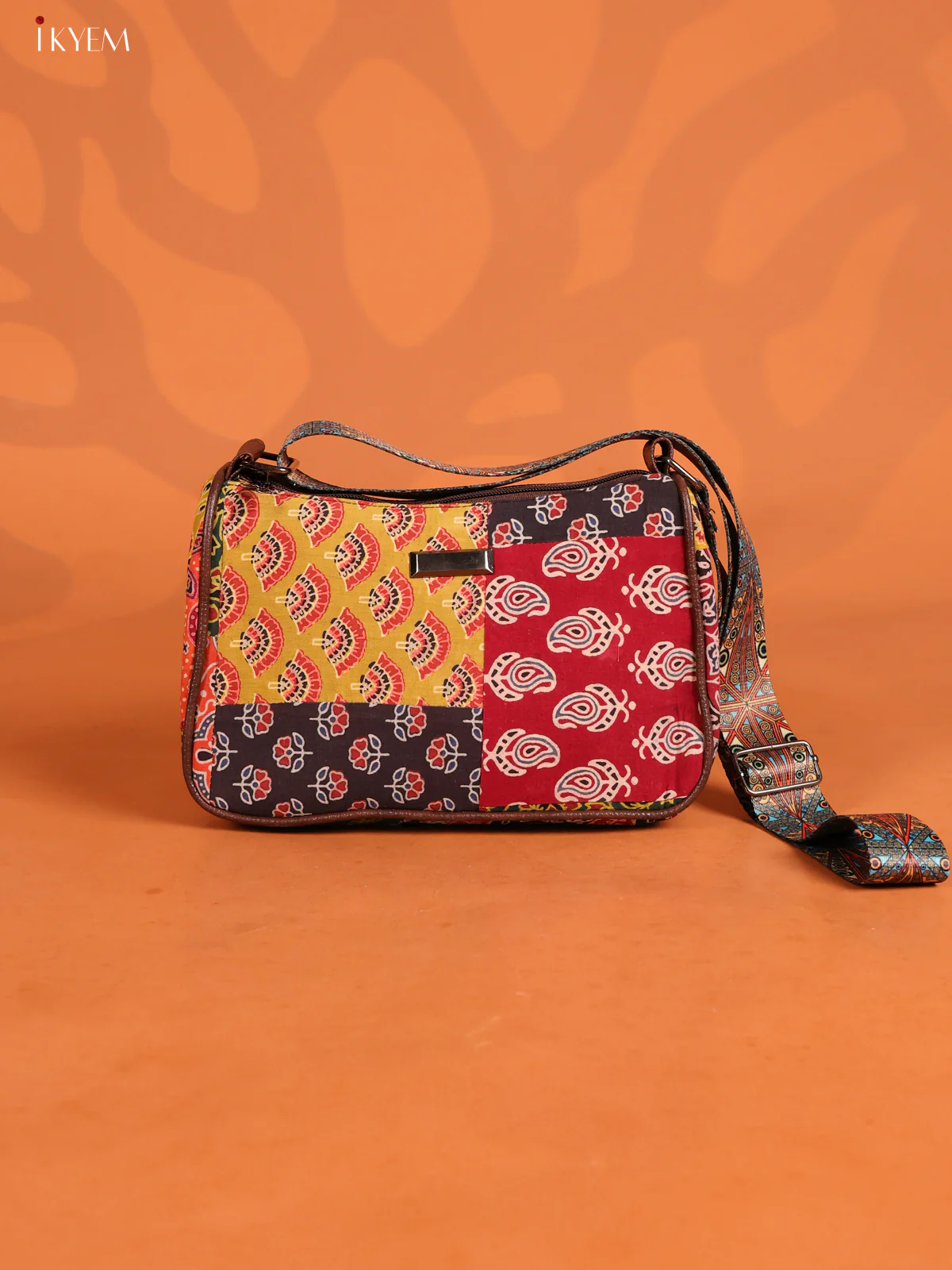 Patchwork Cotton Printed Sling Bag with 3 Compartments - Multicolour - KD26740
