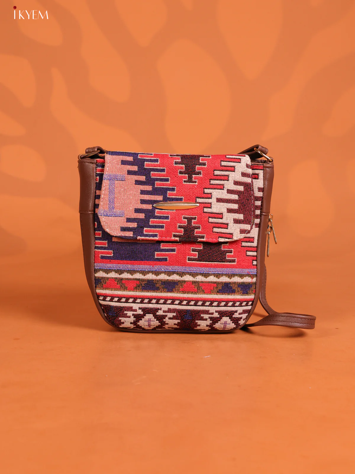 Jacquard Flap Leather Sling Bag with 3 Compartments - Multicolour - KD26750